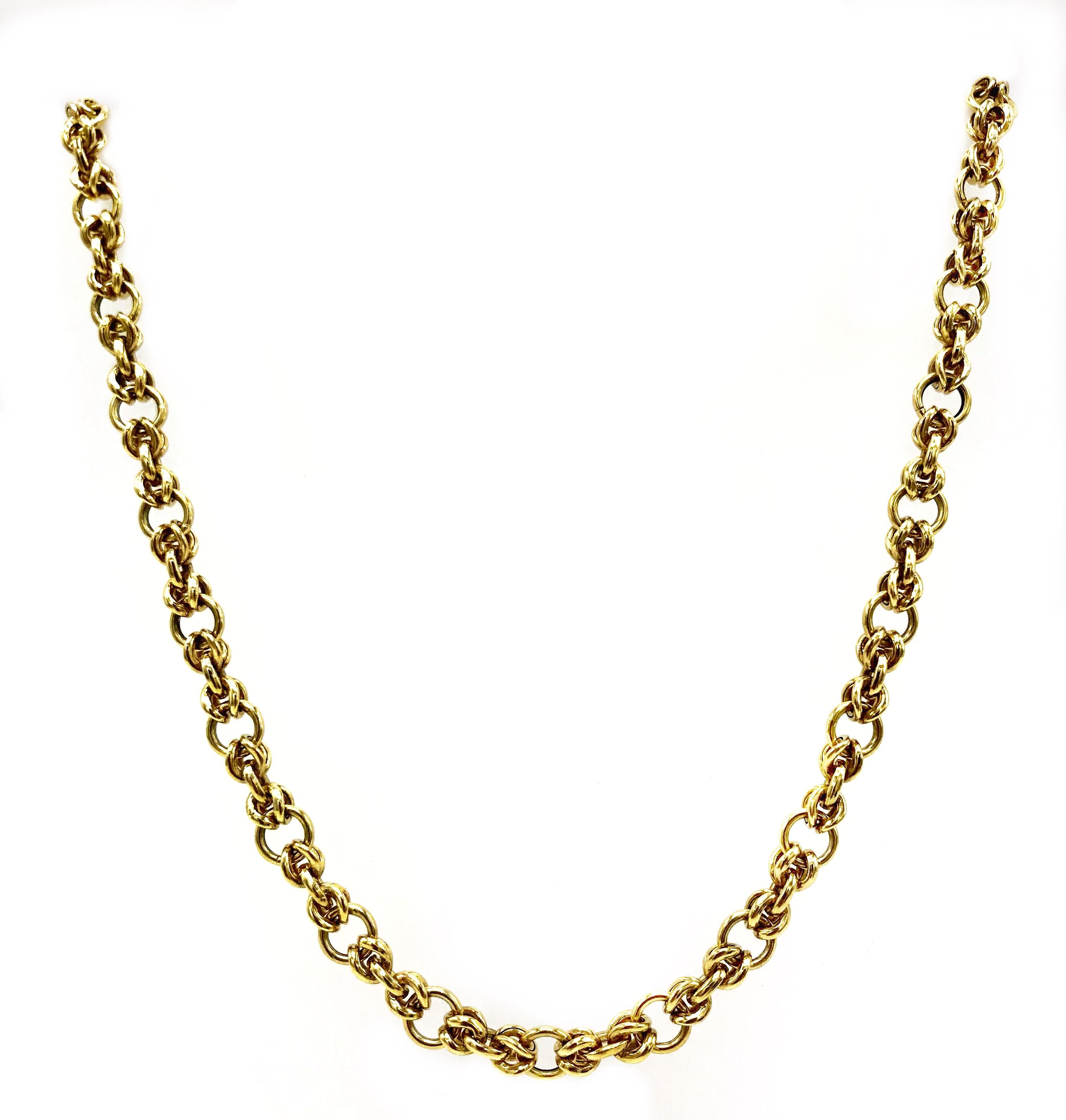 Vintage chunky chain necklace made of polished 14k yellow gold. Equally perfect for layering or wearing as a single piece. Has a nice looking puffed lobster clasp. Stamped with a country of origin (Italy) and a hallmark for 14k gold. 
Measurements: