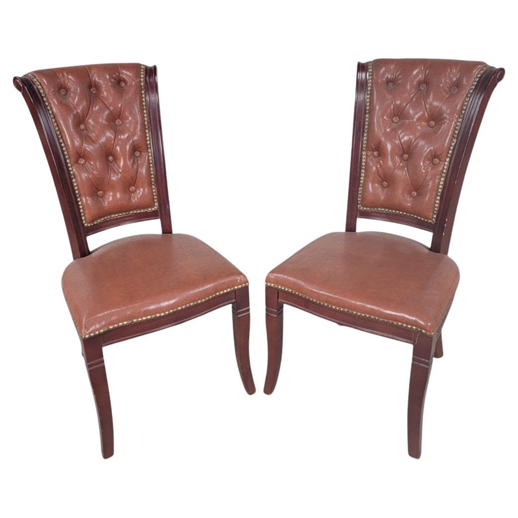 Vintage Italian Classic Mahogany Scroll Back Tufted Leather Side Chairs, Pair