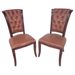 Vintage Italian Classic Mahogany Scroll Back Tufted Leather Side Chairs, Pair
