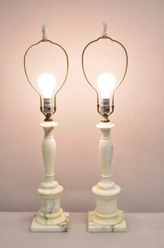 Vintage Italian Classical Carved White Marble Column Table Lamps - a Pair