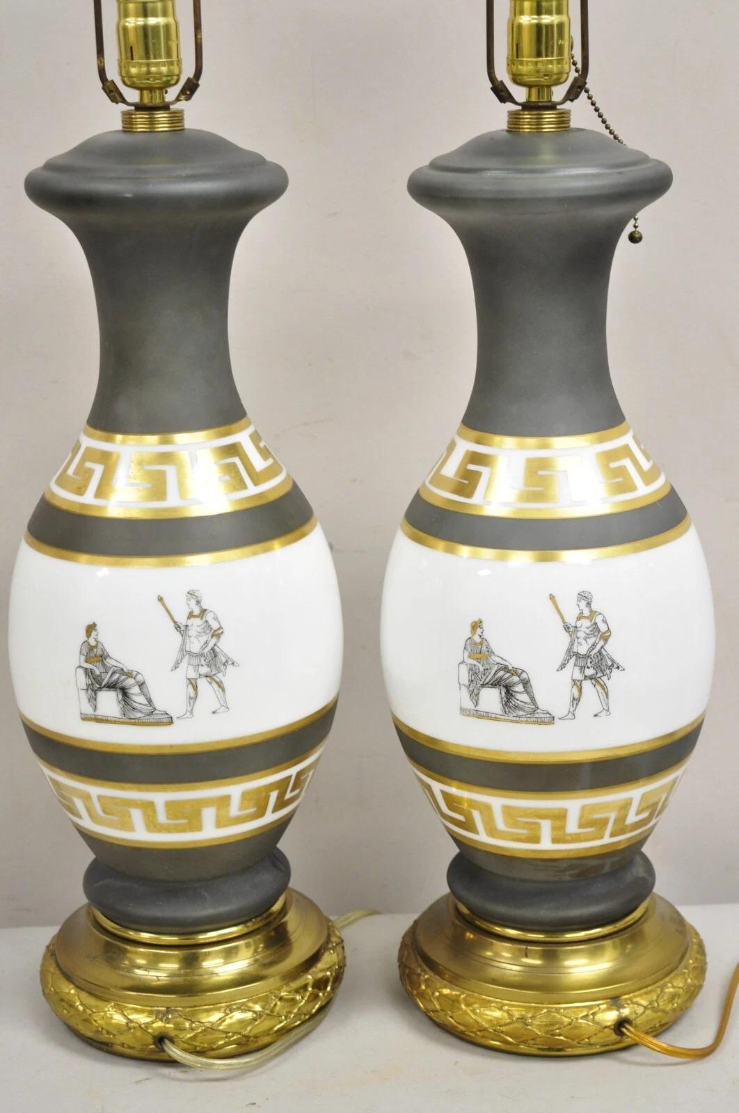 Vintage Italian Classical Chariot Gold Greek Key Gray Porcelain Table Lamp Pair For Sale 4