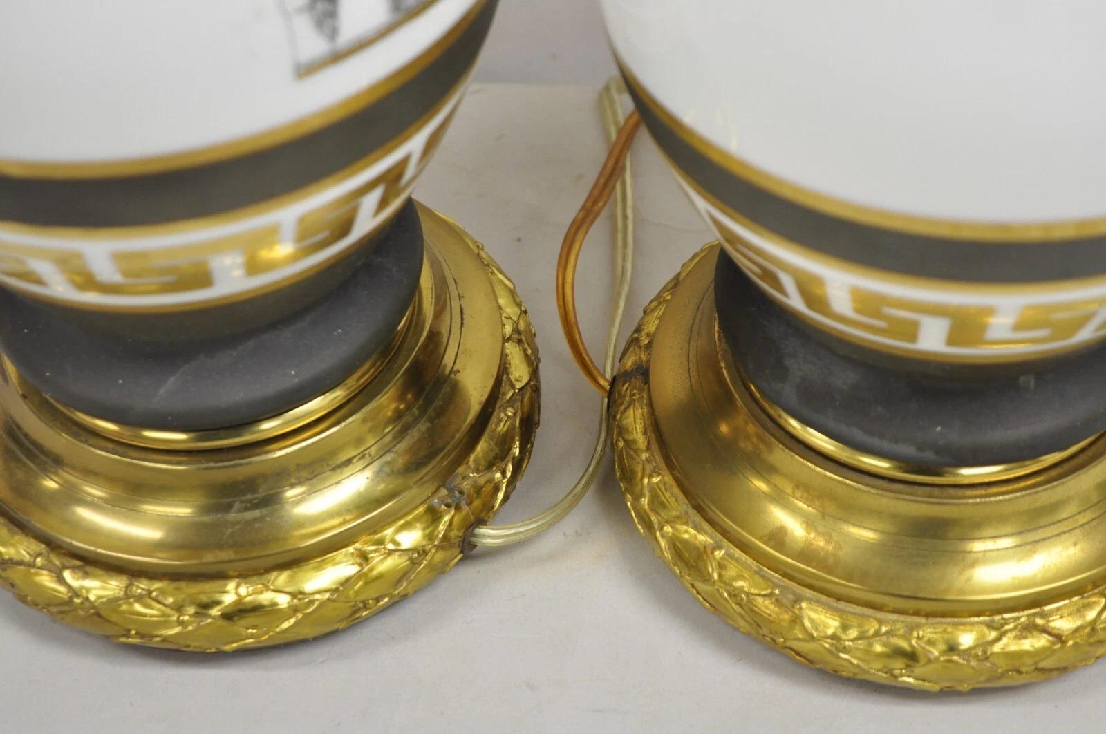 Vintage Italian Classical Chariot Gold Greek Key Gray Porcelain Table Lamp Pair For Sale 5