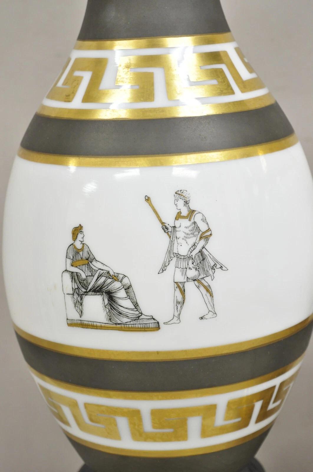 Vintage Italian Classical Chariot Gold Greek Key Gray Porcelain Table Lamp Pair For Sale 6