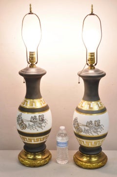 Vintage Italian Classical Chariot Gold Greek Key Gray Porcelain Table Lamp Pair