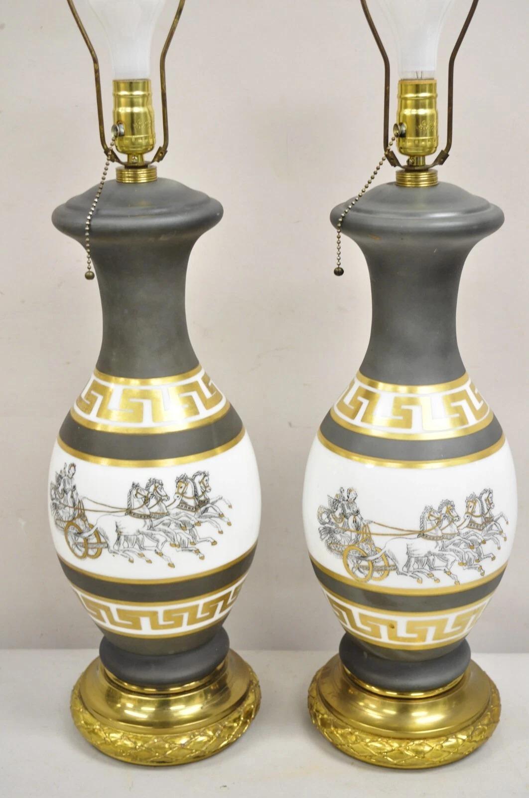 Other Vintage Italian Classical Chariot Gold Greek Key Gray Porcelain Table Lamp Pair For Sale