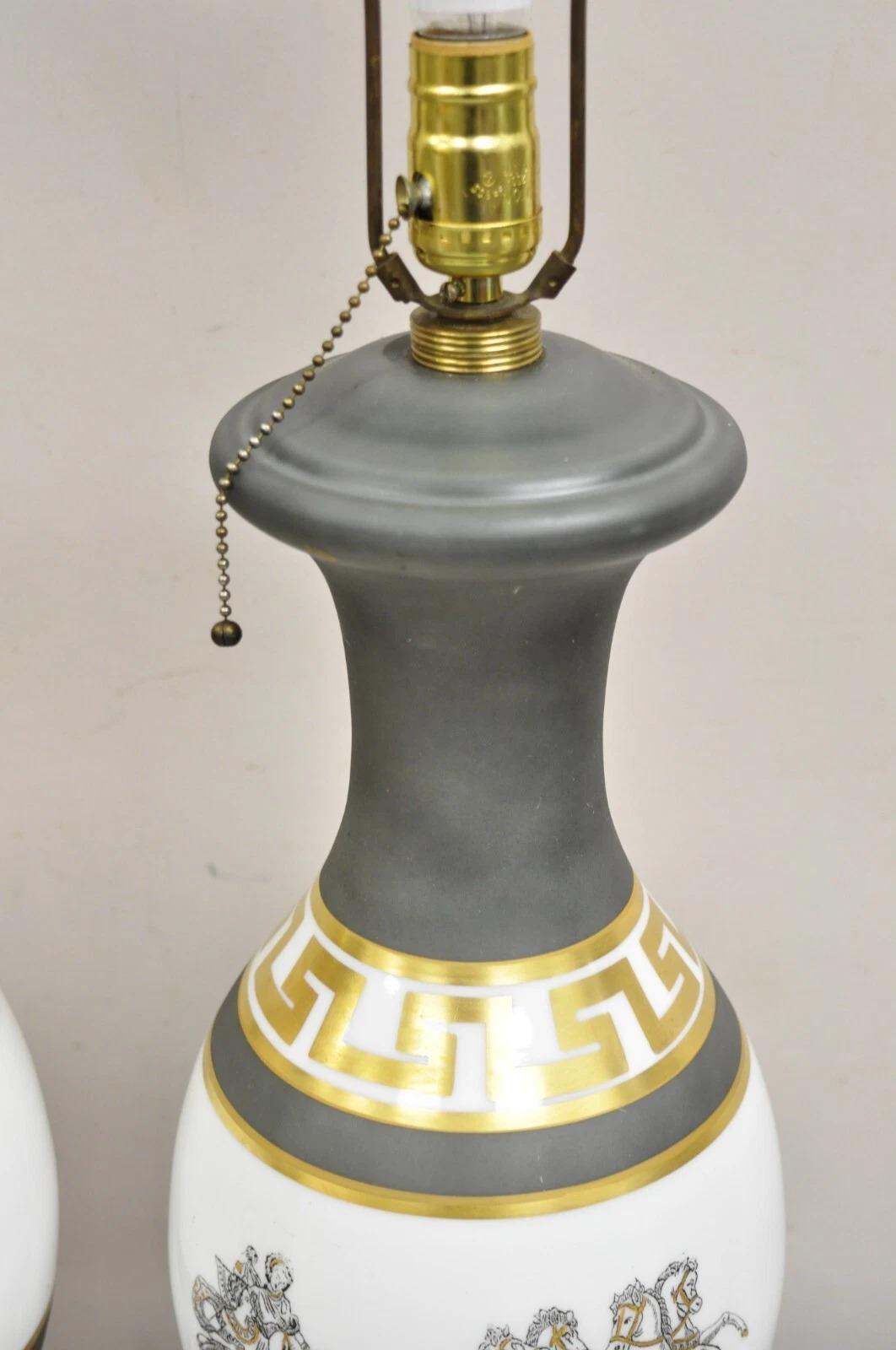 Unknown Vintage Italian Classical Chariot Gold Greek Key Gray Porcelain Table Lamp Pair For Sale