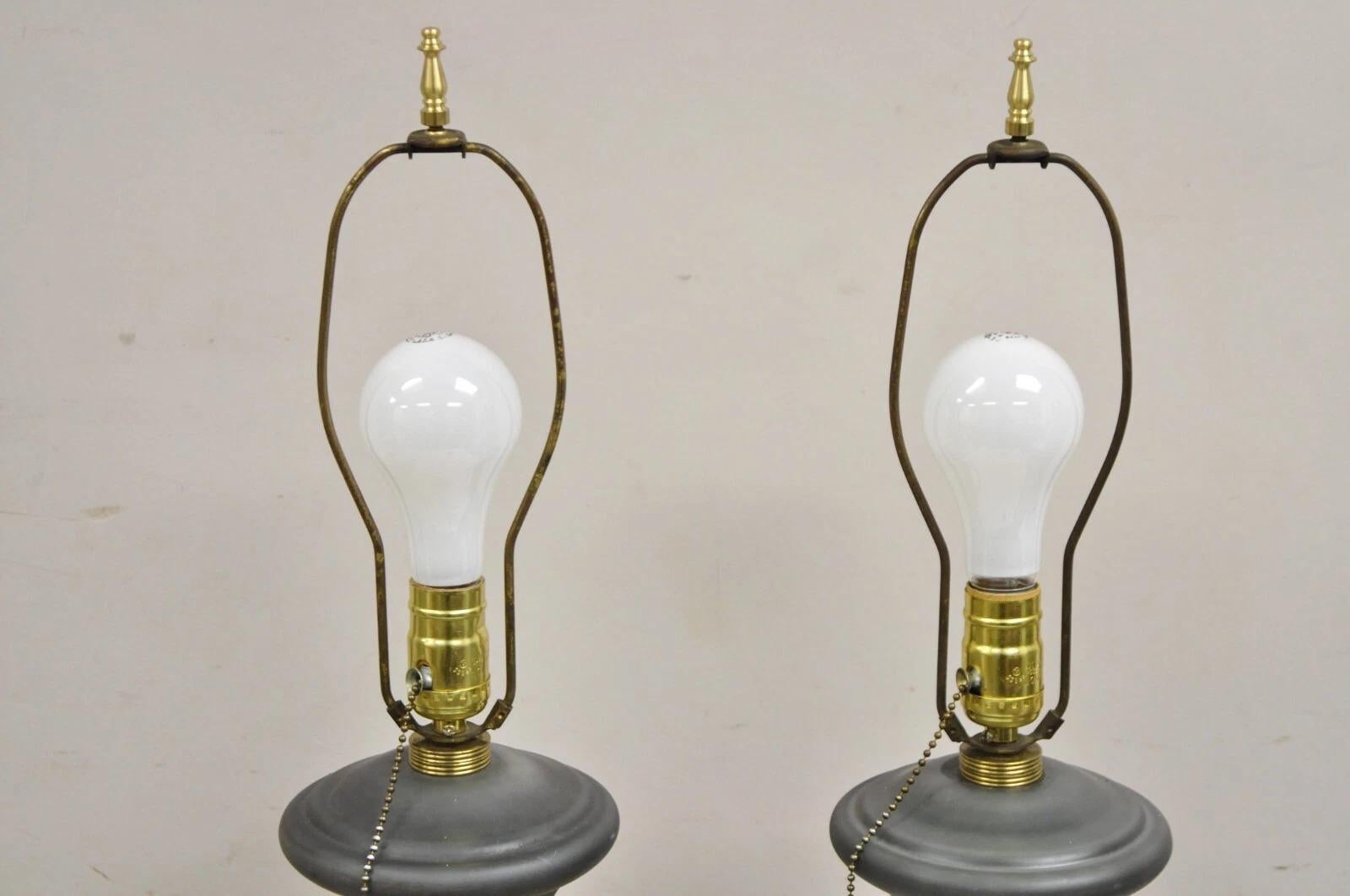 Vintage Italian Classical Chariot Gold Greek Key Gray Porcelain Table Lamp Pair For Sale 1
