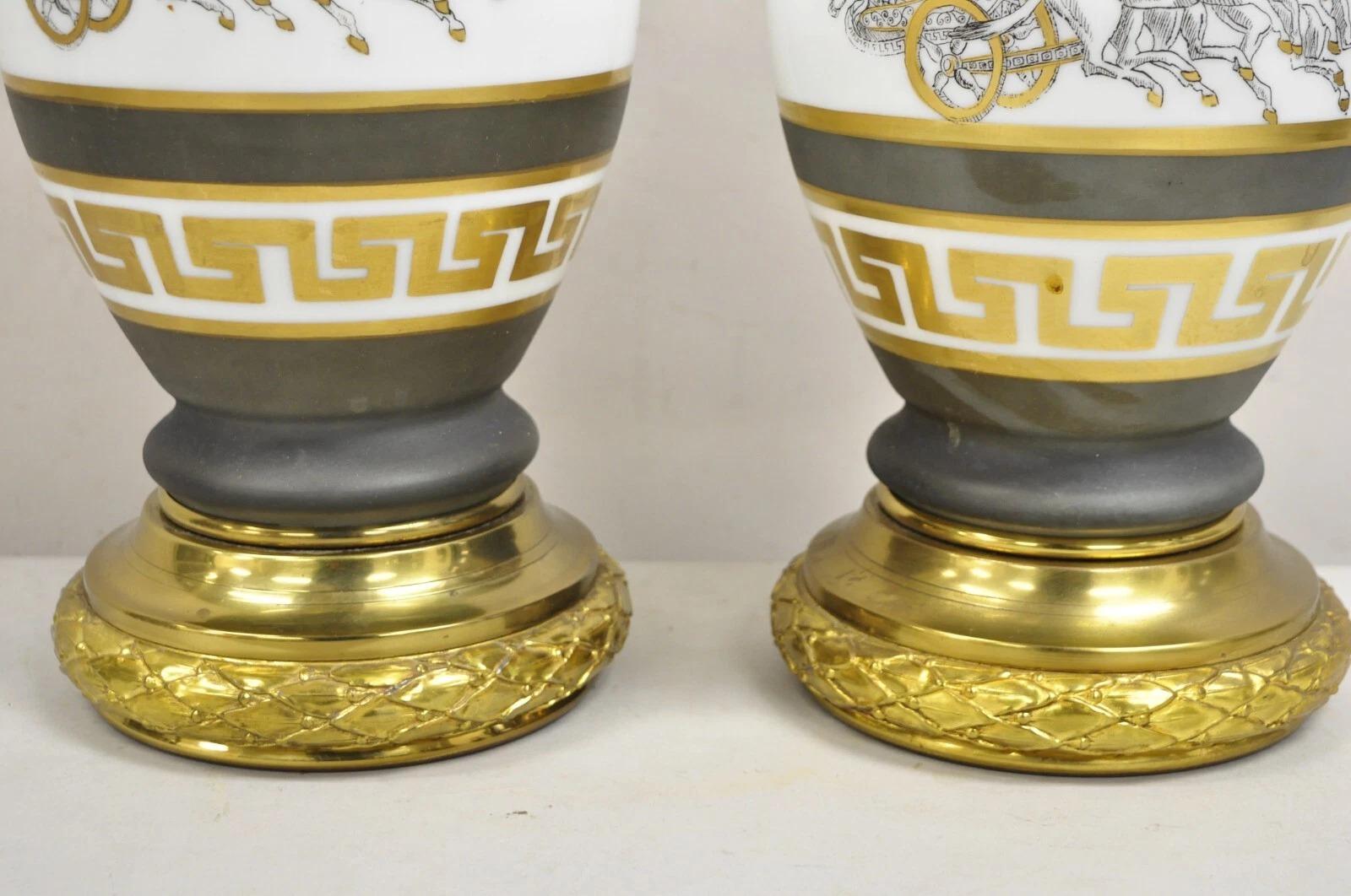 Vintage Italian Classical Chariot Gold Greek Key Gray Porcelain Table Lamp Pair For Sale 2