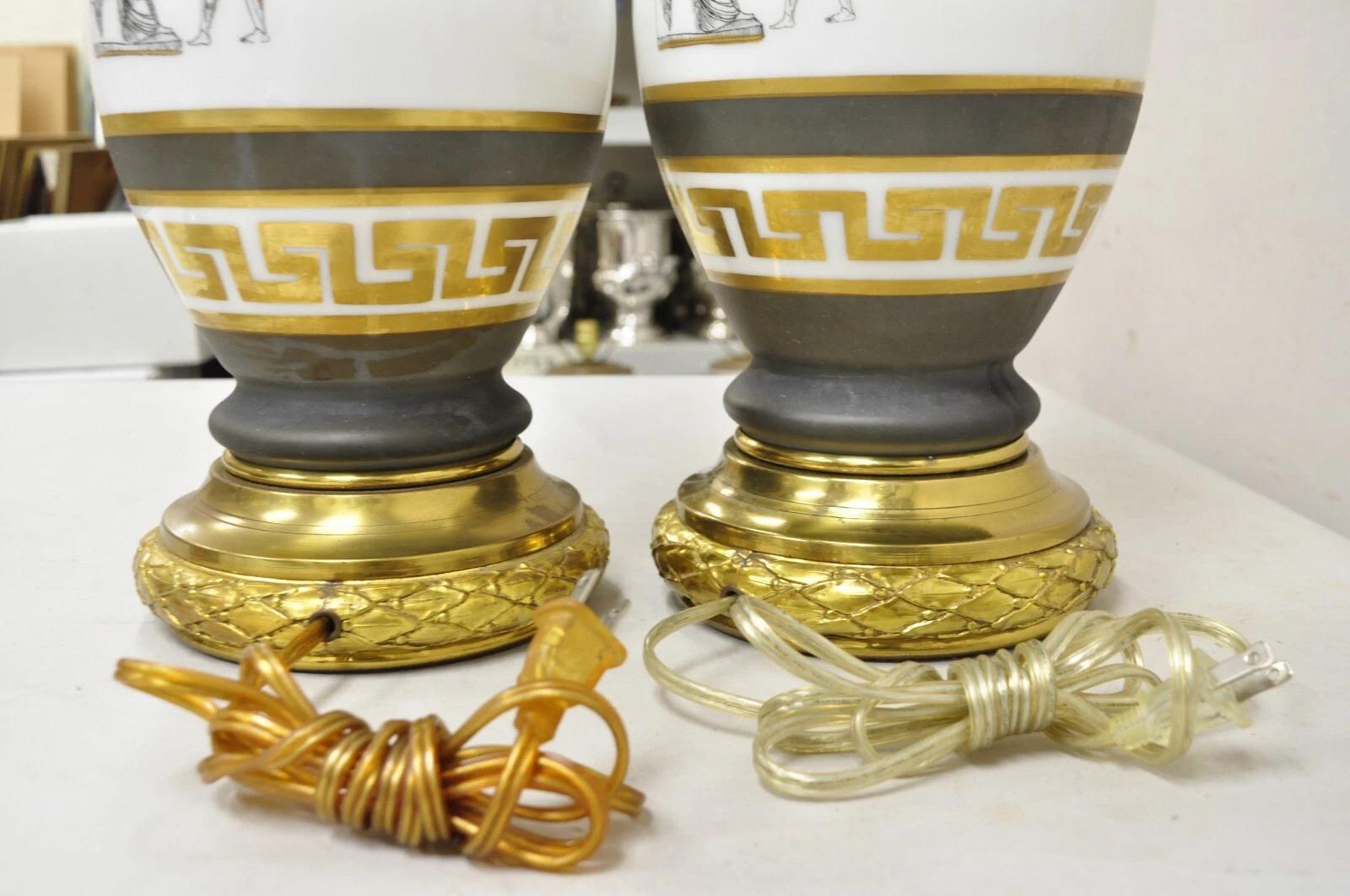 Vintage Italian Classical Chariot Gold Greek Key Gray Porcelain Table Lamp Pair For Sale 3