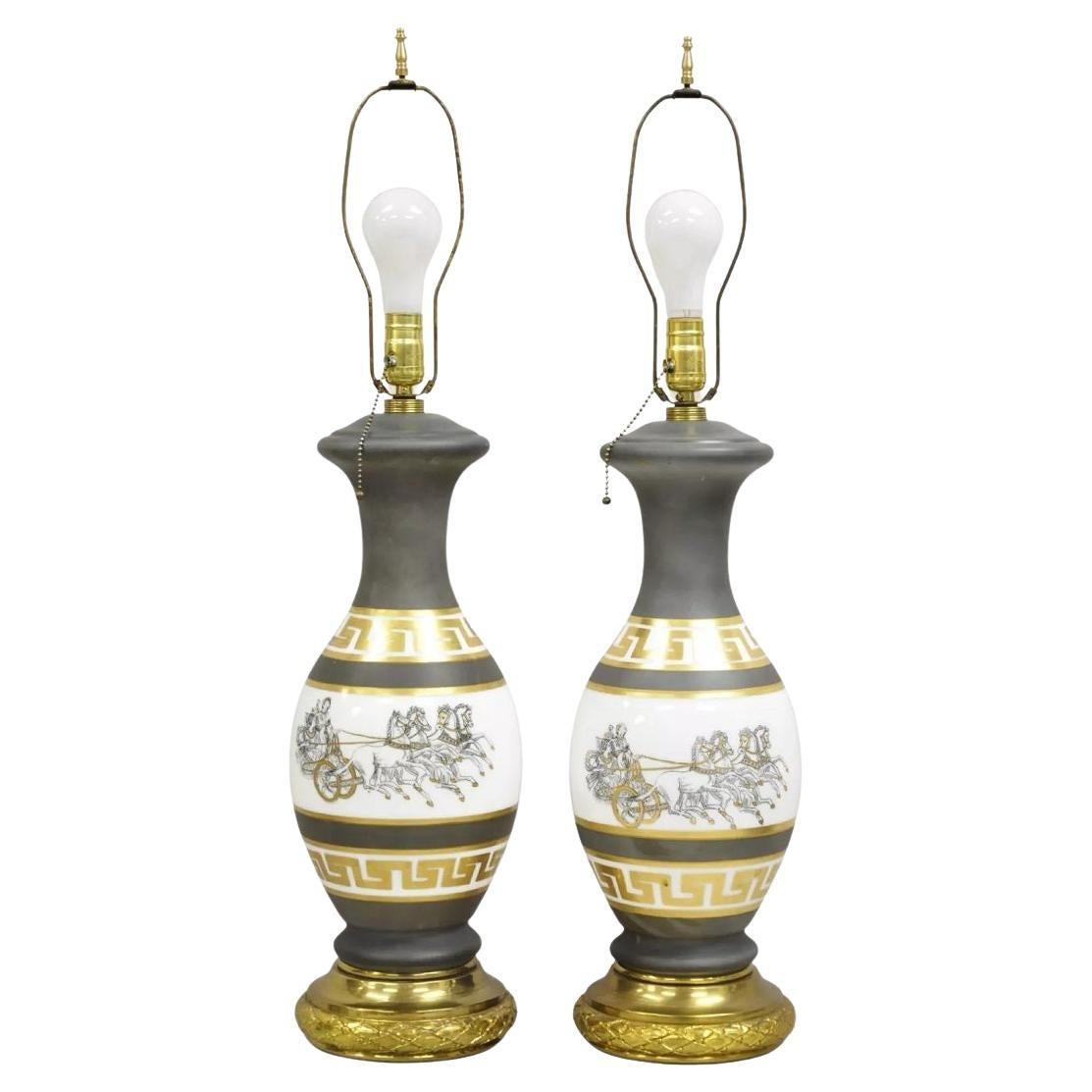 Vintage Italian Classical Chariot Gold Greek Key Gray Porcelain Table Lamp Pair