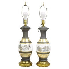 Vintage Italian Classical Chariot Gold Greek Key Gray Porcelain Table Lamp Pair