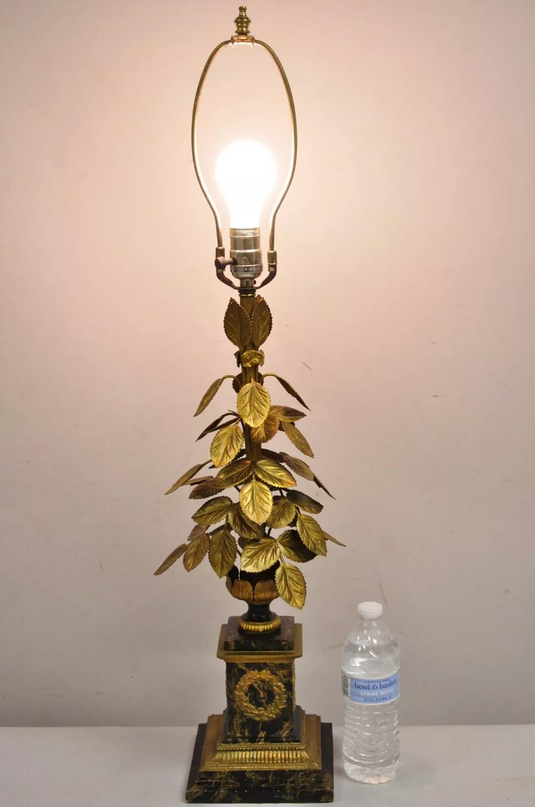 Vintage Italian Classical Leafy Foliate Gold Gilt Wreath Hand Painted Metal Table Lamp. Circa Mid 20th Century. Measurements: 33