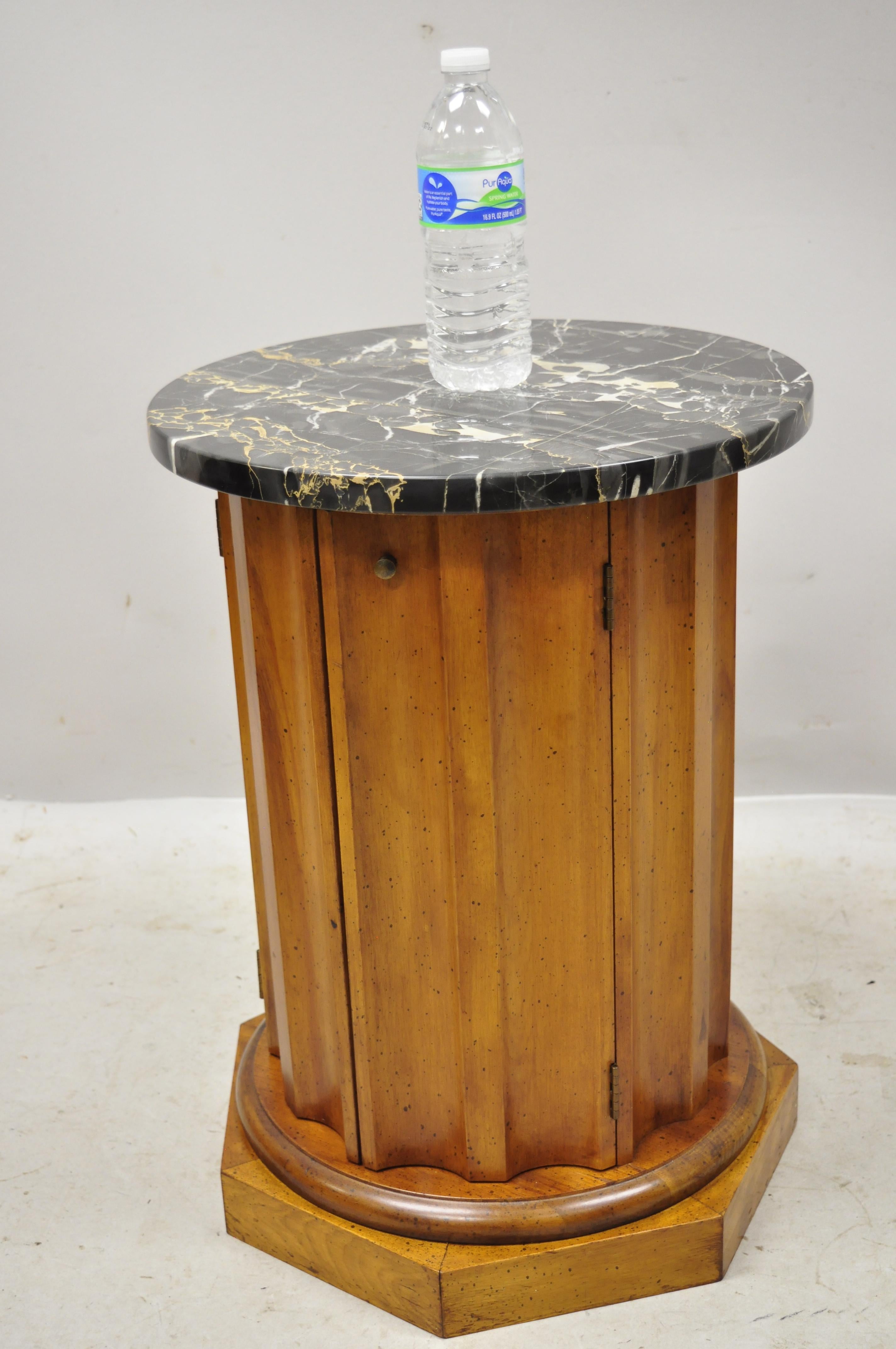 Vintage Italian Classical Style Round Marble Top Fluted Column Cabinet Pedestal Stand. Item features round marble top, solid wood fluted column cabinet, 2 swing doors, original label, 1 wooden shelf, very nice vintage item, great style and form.