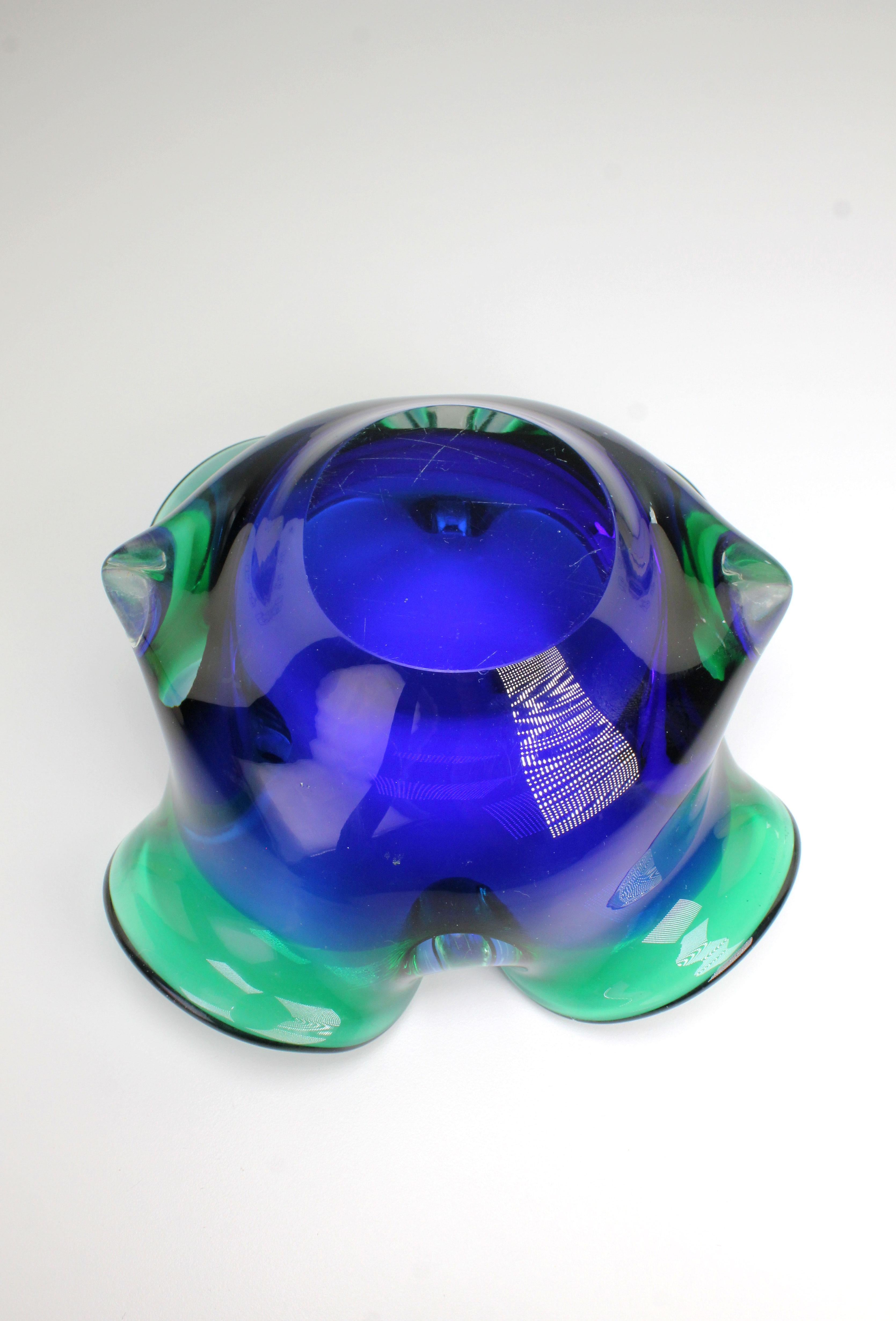 Mid-Century Modern Vintage Italian Clear Blue and Emerald Green Murano Glass Bowl, 1950s