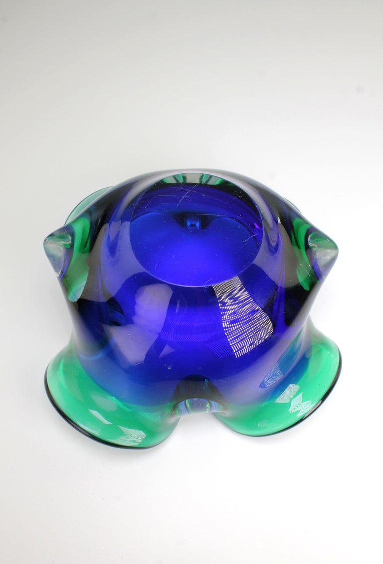 Vintage Italian Clear Blue and Emerald Green Murano Glass Bowl, 1950s For Sale 1