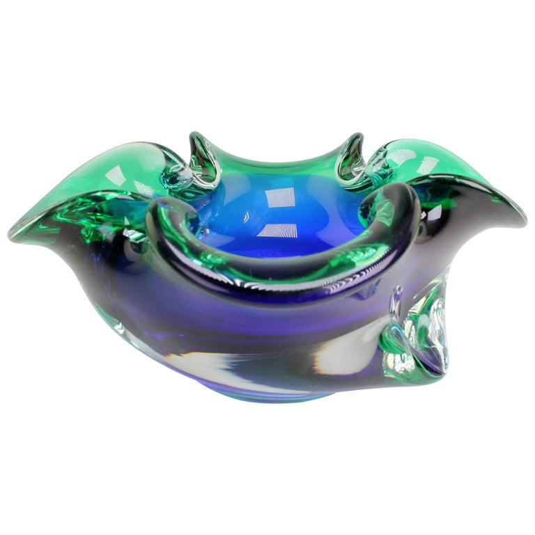 Vintage Italian Clear Blue and Emerald Green Murano Glass Bowl, 1950s For Sale