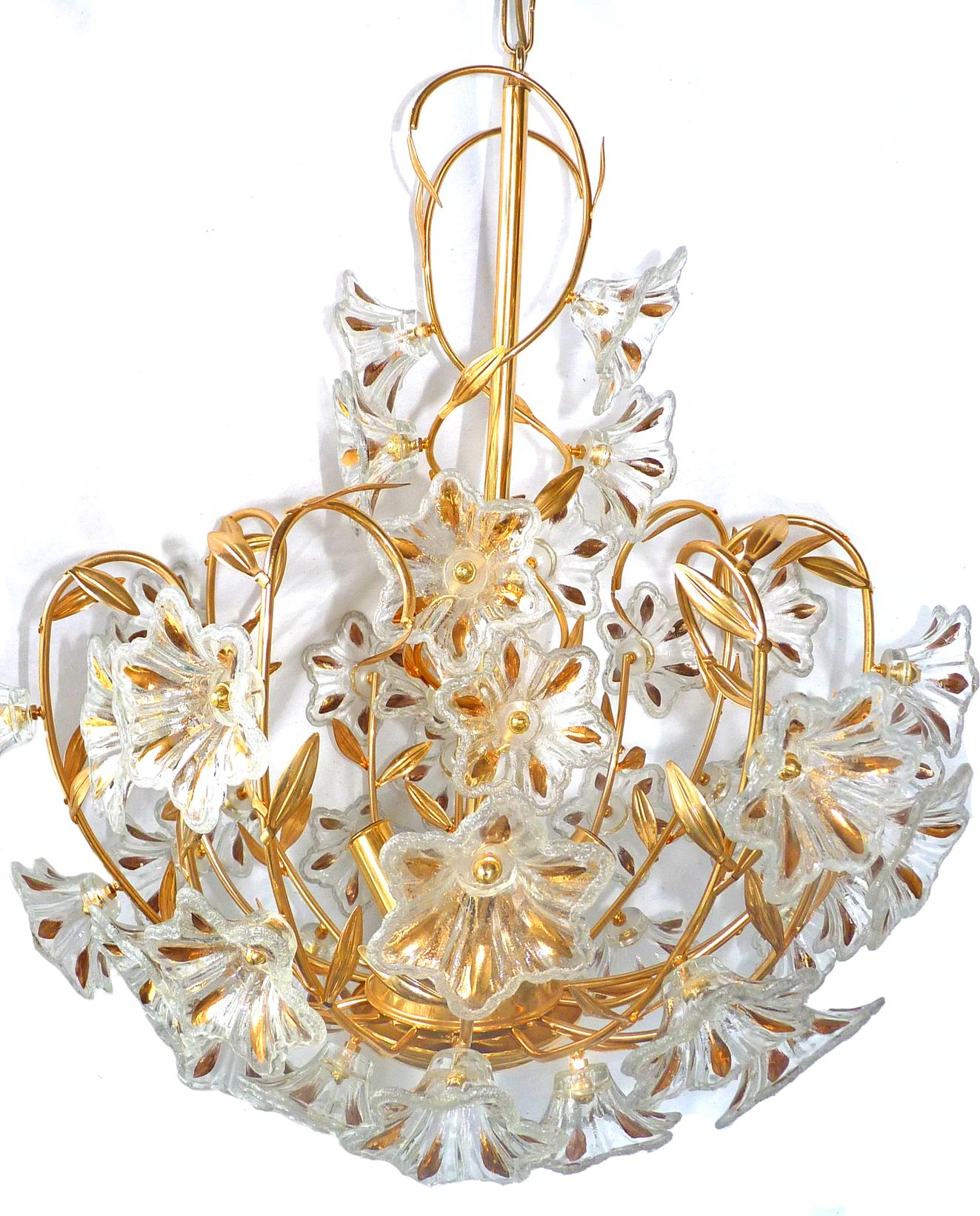 Mid-Century Modern Vintage Italian Clear Gilt Murano Art Glass Flower Bouquet Venini Chandelier