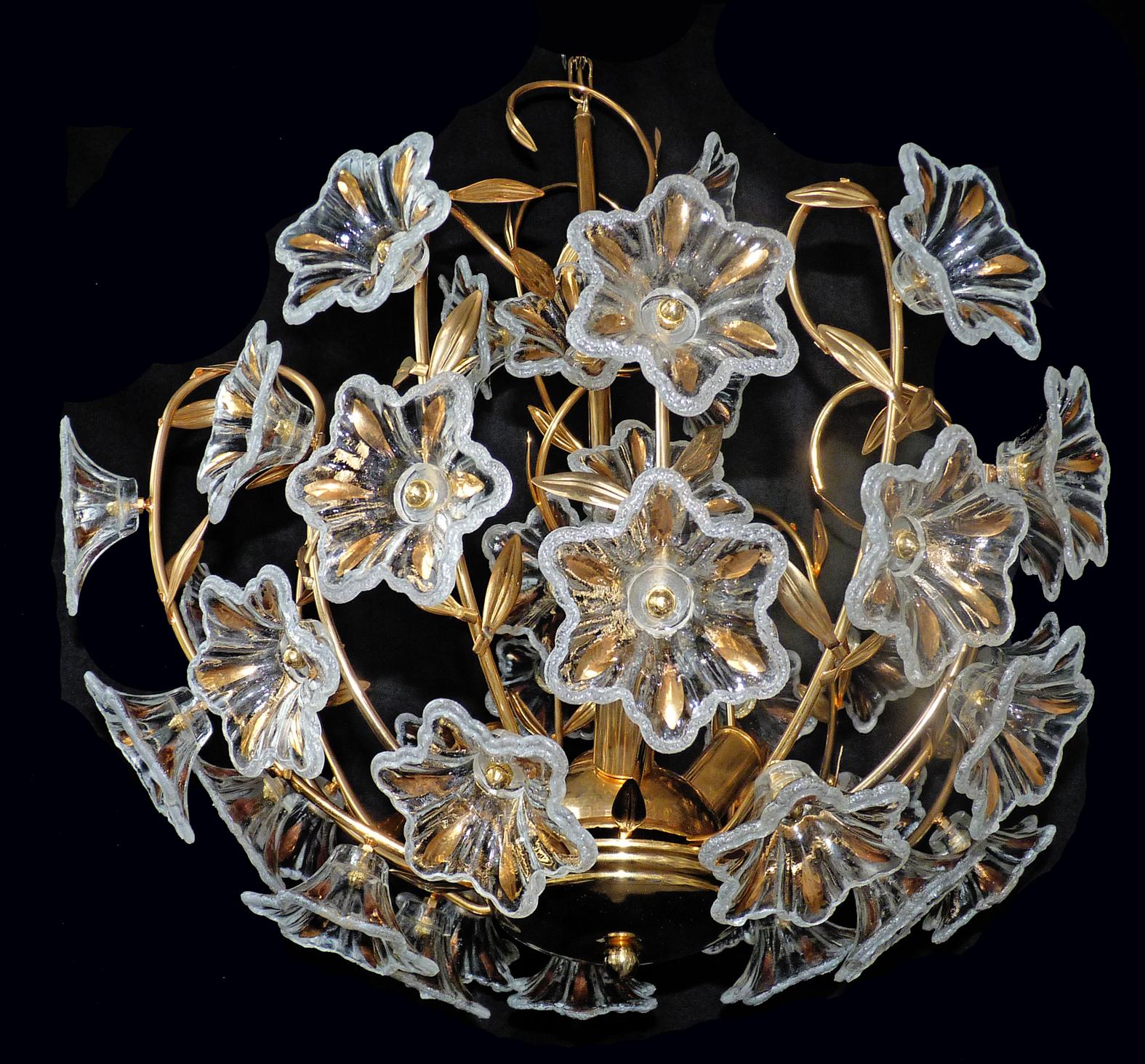 Mid-20th Century Vintage Italian Clear Gilt Murano Art Glass Flower Bouquet Venini Chandelier