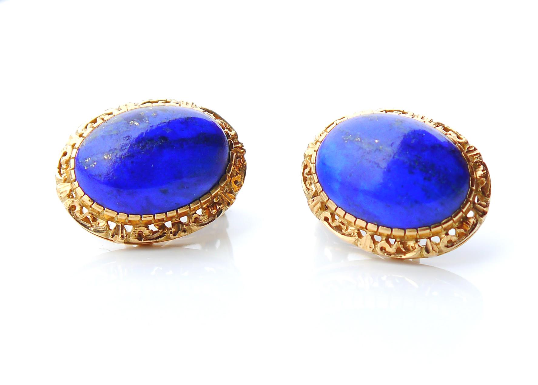 Retro Vintage Italian Clips Earrings 25ctw natural Lapis Lazuli solid 18K Gold / 14 gr For Sale