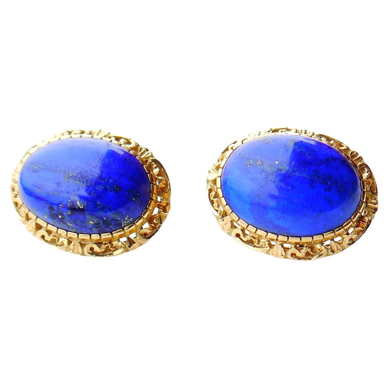 Vintage Italian Clips Earrings 25ctw natural Lapis Lazuli solid 18K Gold / 14 gr For Sale