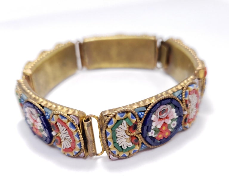 Vintage Italian Cloisonne Style Mosaic Link Bracelet in Brass Tone