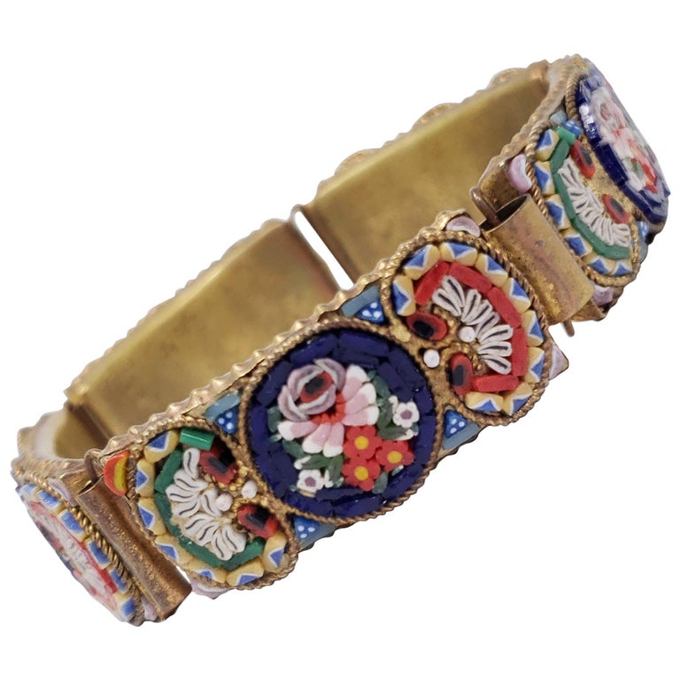 Vintage Italian Cloisonne Style Mosaic Link Bracelet in Brass Tone