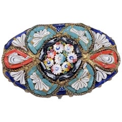 Vintage Italian Cloisonne Style Mosaic Link Pin Brooch in Brass Tone, Floral