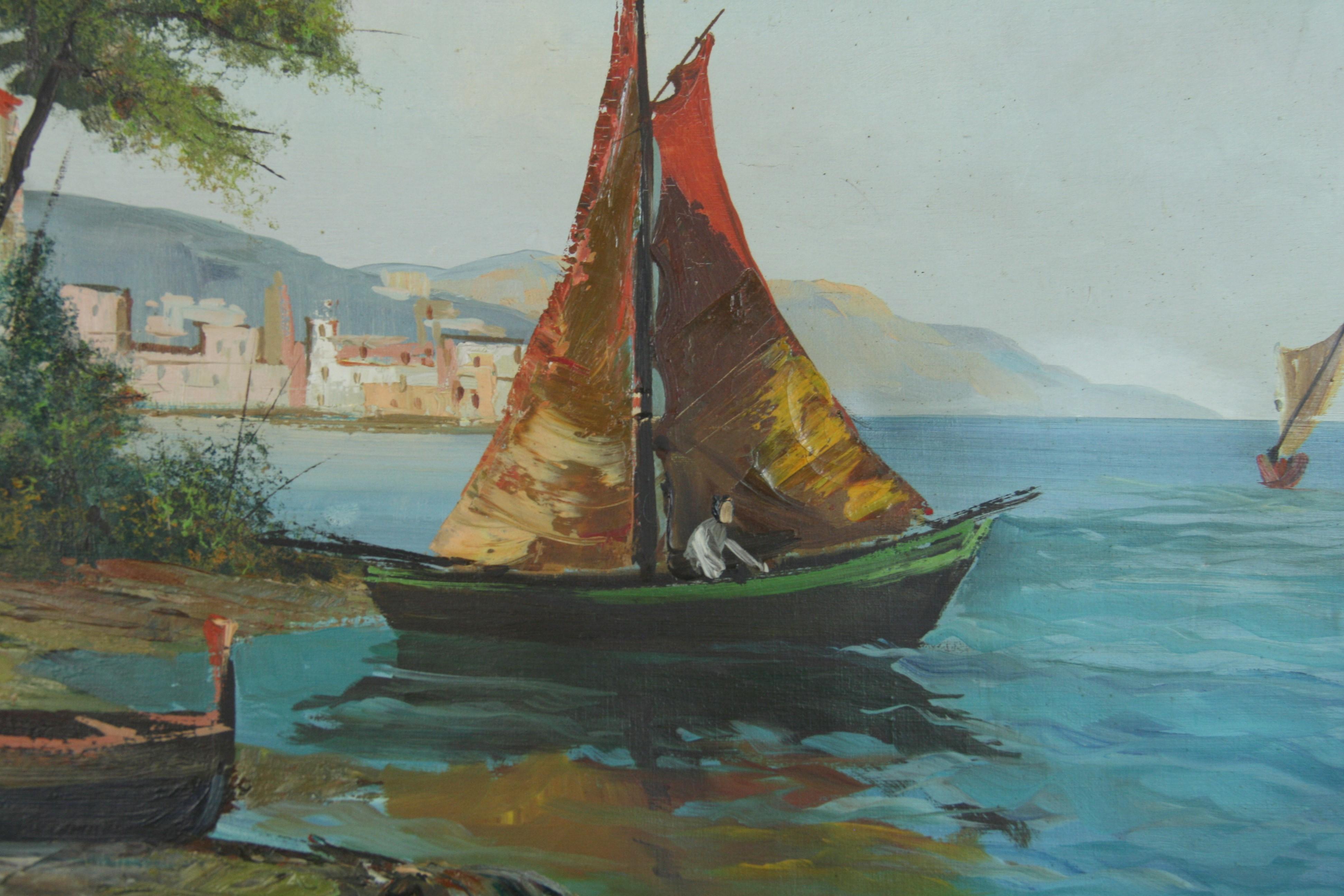 Vintage Italian Coastal Scene  Oil Painting In Good Condition For Sale In Douglas Manor, NY