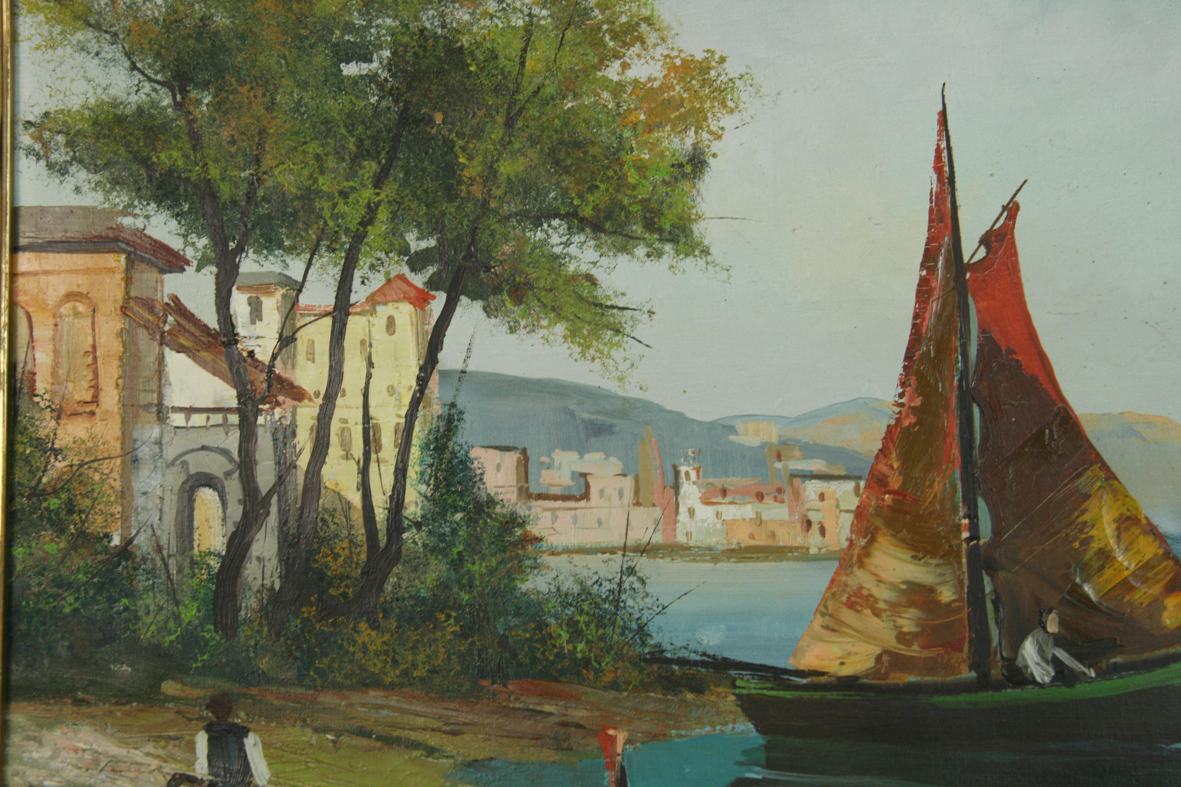 Mid-20th Century Vintage Italian Coastal Scene  Oil Painting For Sale