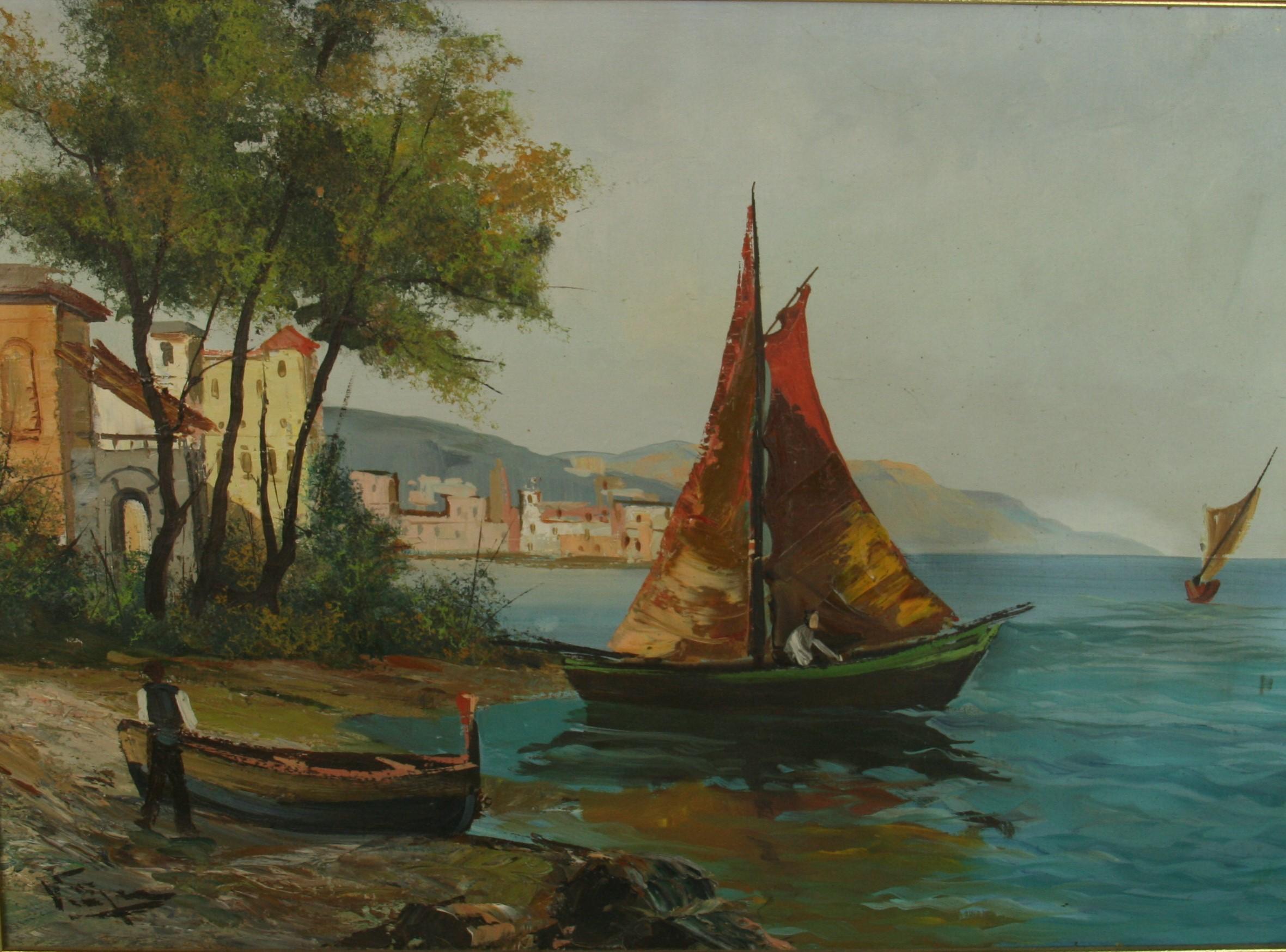 Vintage Italian Coastal Scene  Oil Painting For Sale 5