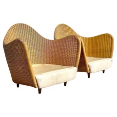 Vintage Italian Coastal Sech Woven Rattan Wave Lounge Chairs, a Pair