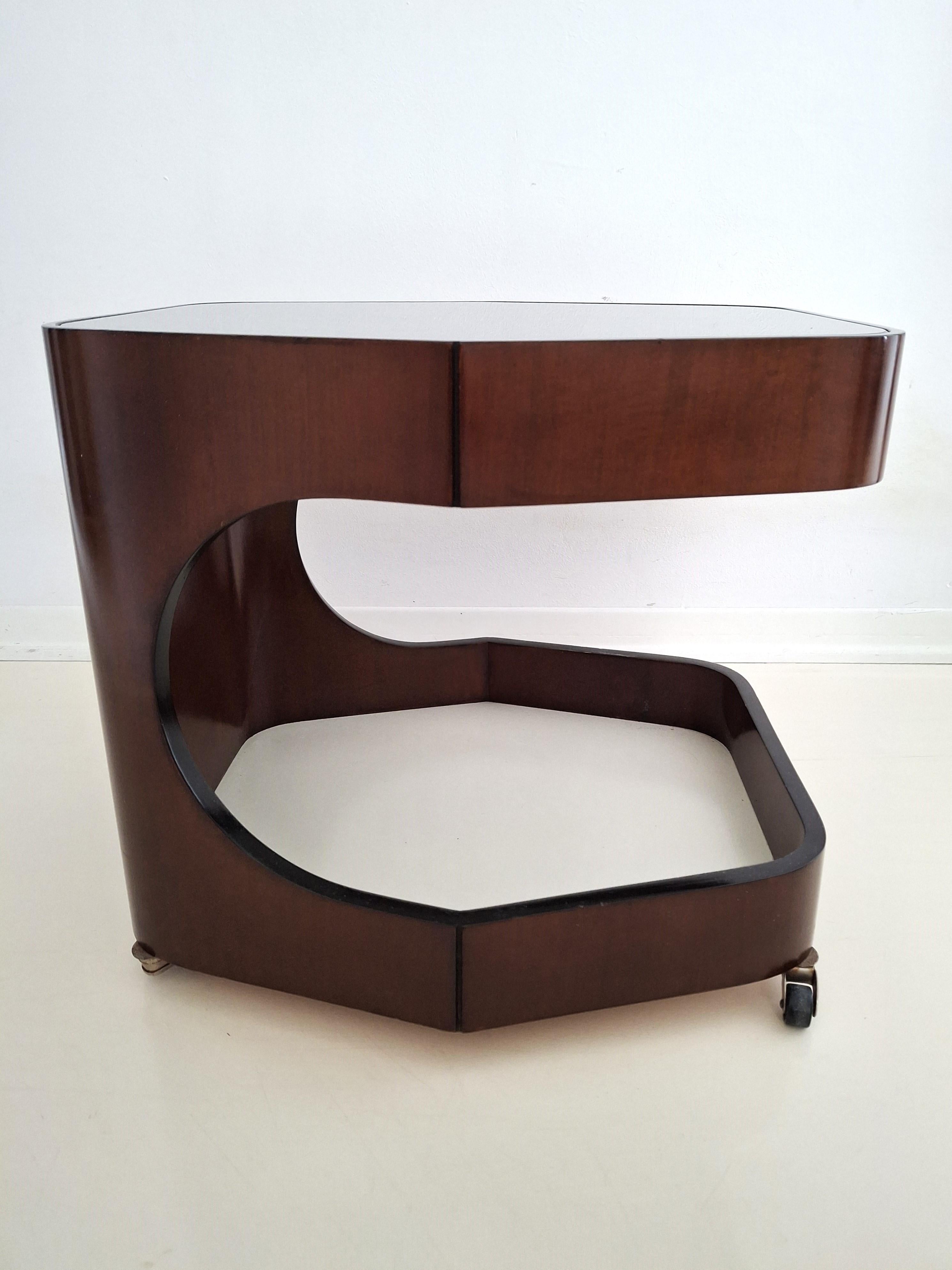 Smoked Glass Vintage Italian Coffee Table on Casters, 1970s Design For Sale