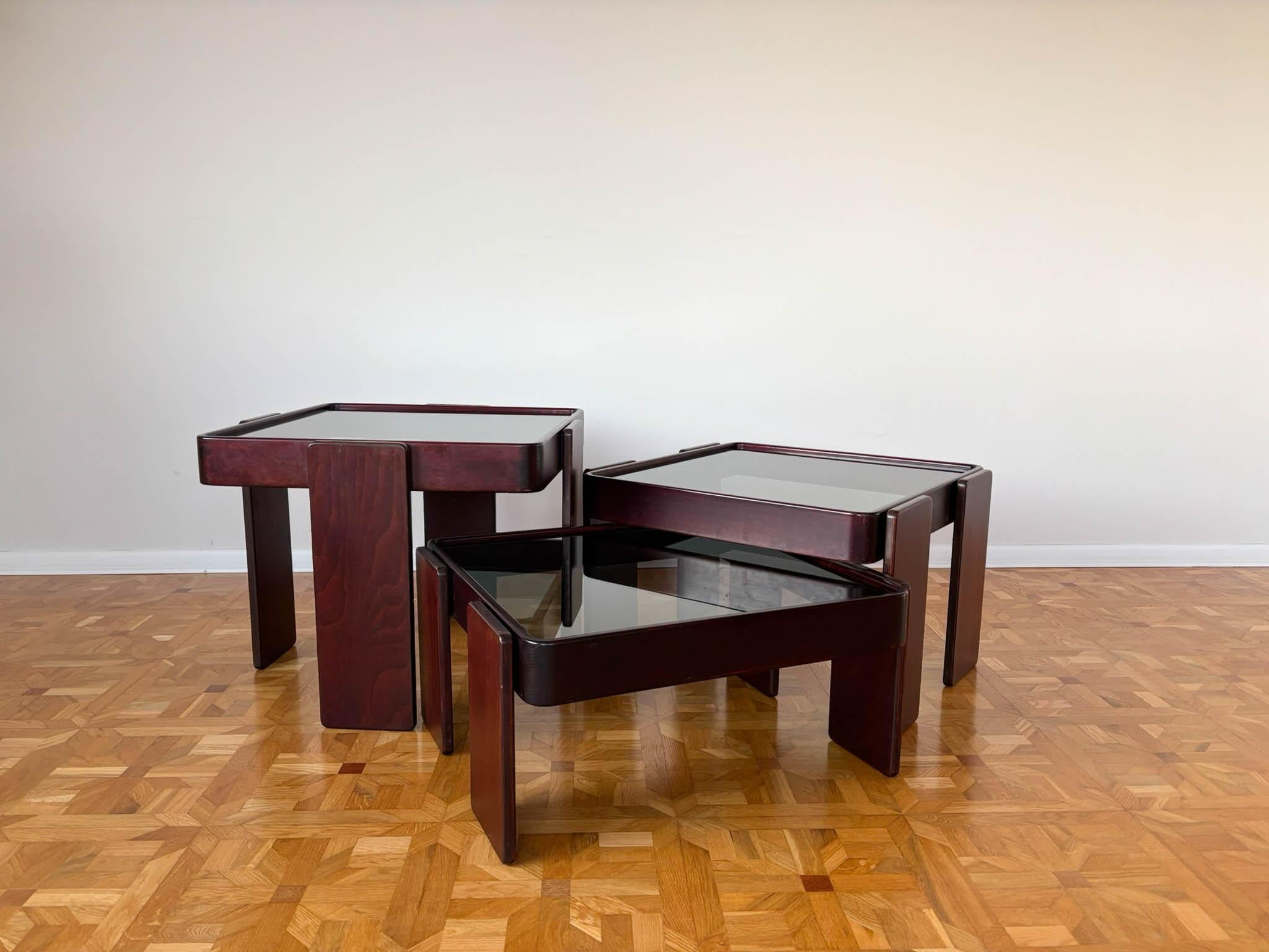 Smoked Glass Coffee Nesting Table by Gianfranco Frattini for Cassina Italy set of 3 1970s
