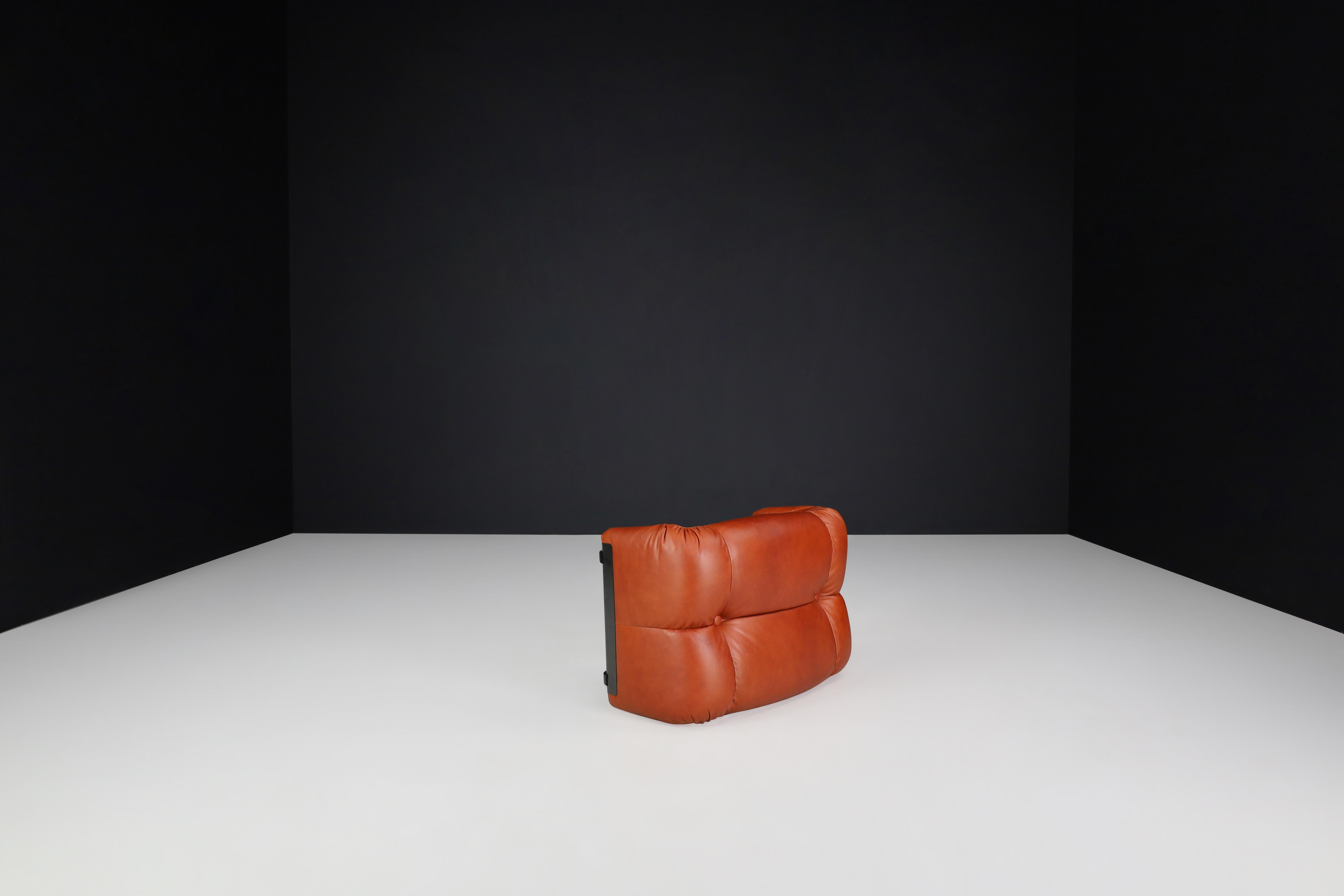 Vintage Italian Cognac Leather Lounge Chair with Ottoman, 1970s For Sale 6