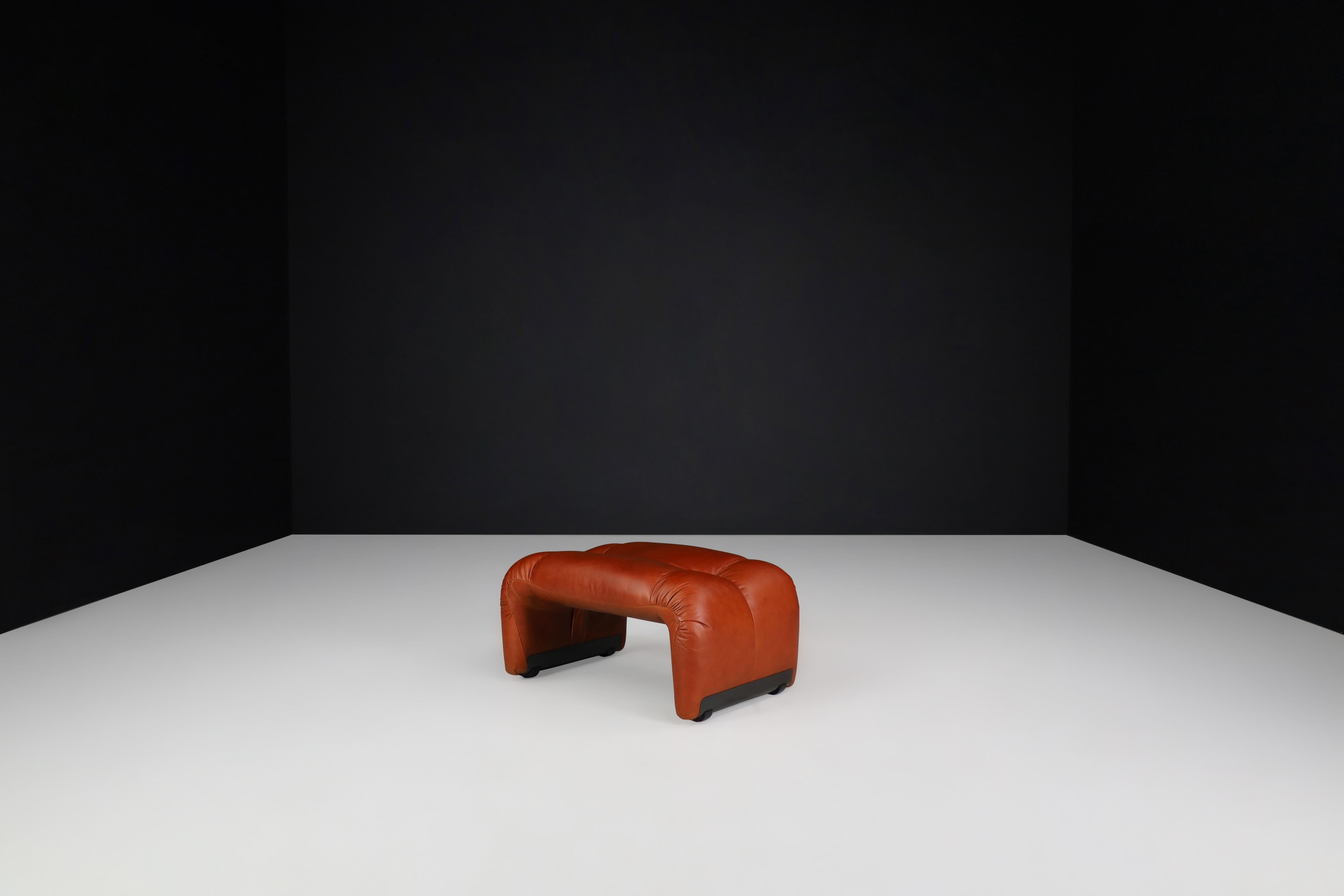 Vintage Italian Cognac Leather Lounge Chair with Ottoman, 1970s For Sale 8