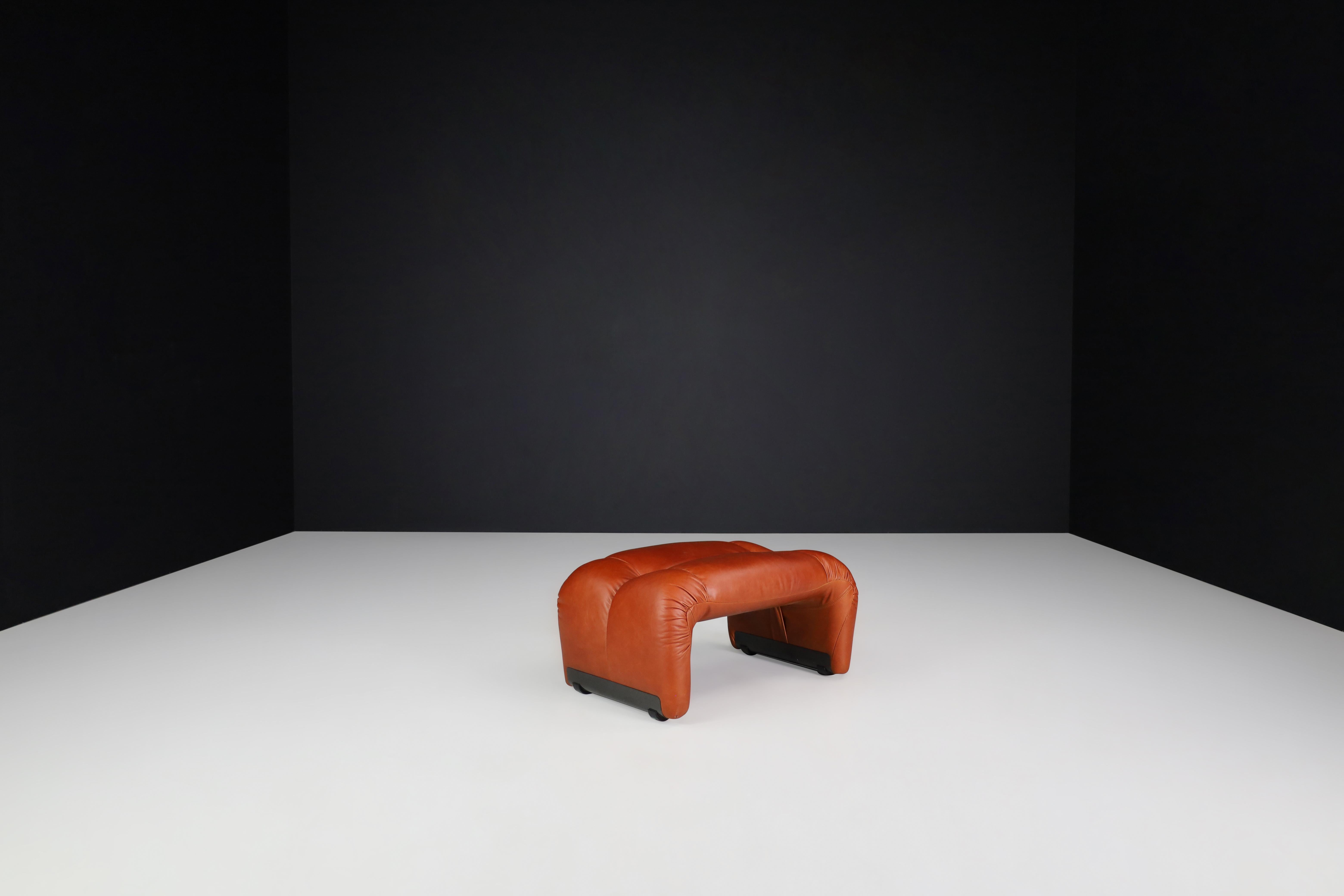Vintage Italian Cognac Leather Lounge Chair with Ottoman, 1970s For Sale 9