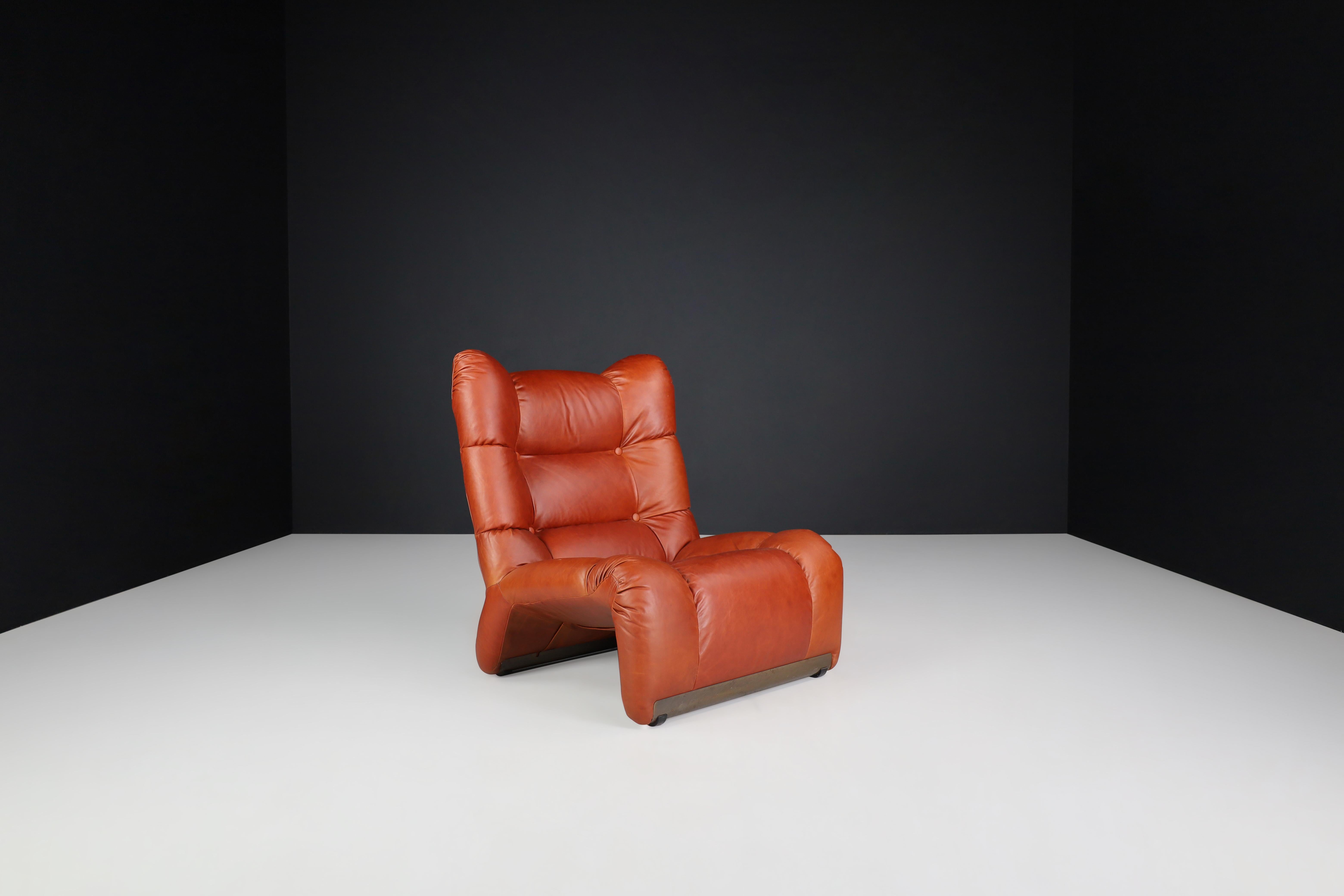 Mid-Century Modern Vintage Italian Cognac Leather Lounge Chair with Ottoman, 1970s For Sale