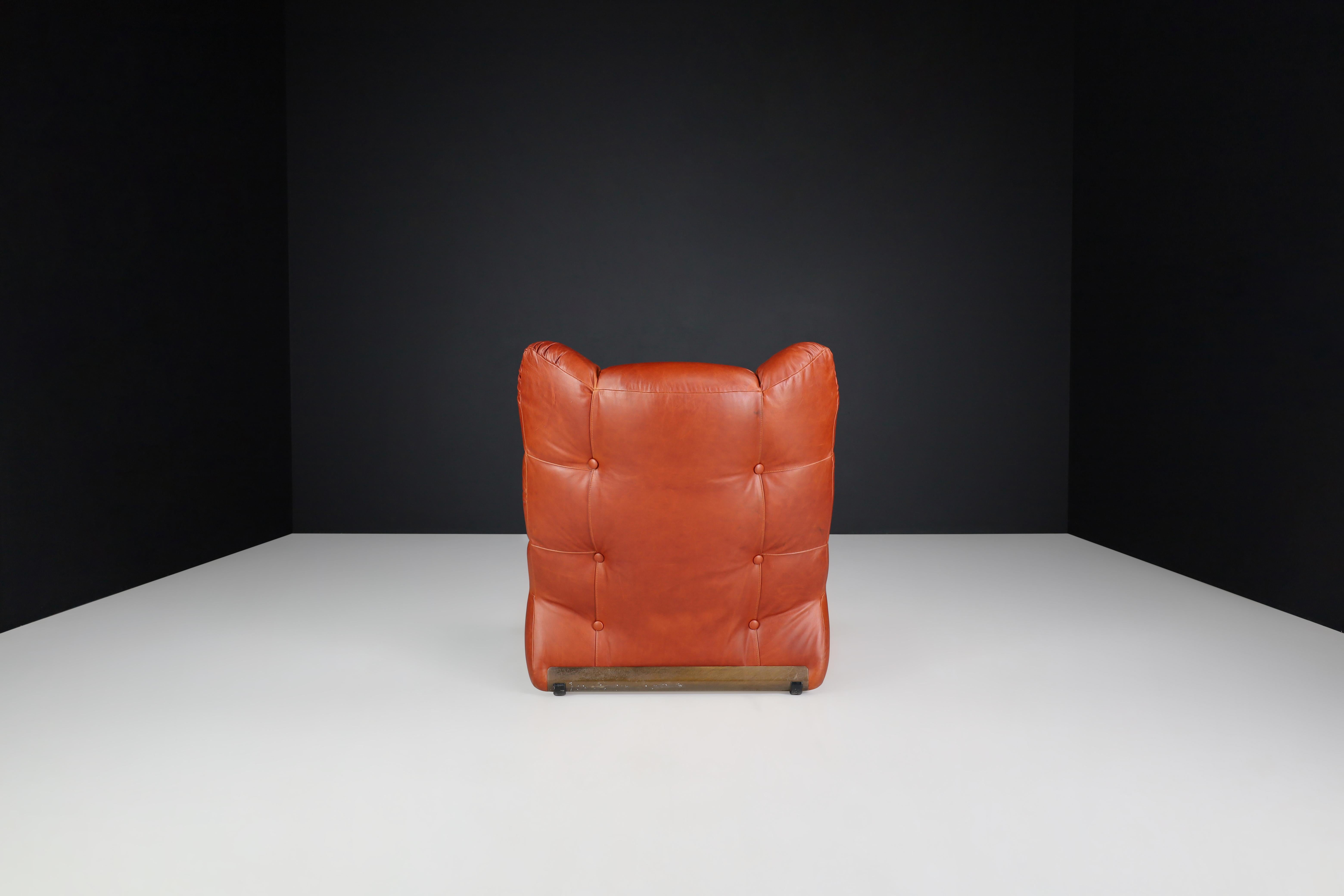 20th Century Vintage Italian Cognac Leather Lounge Chair with Ottoman, 1970s For Sale