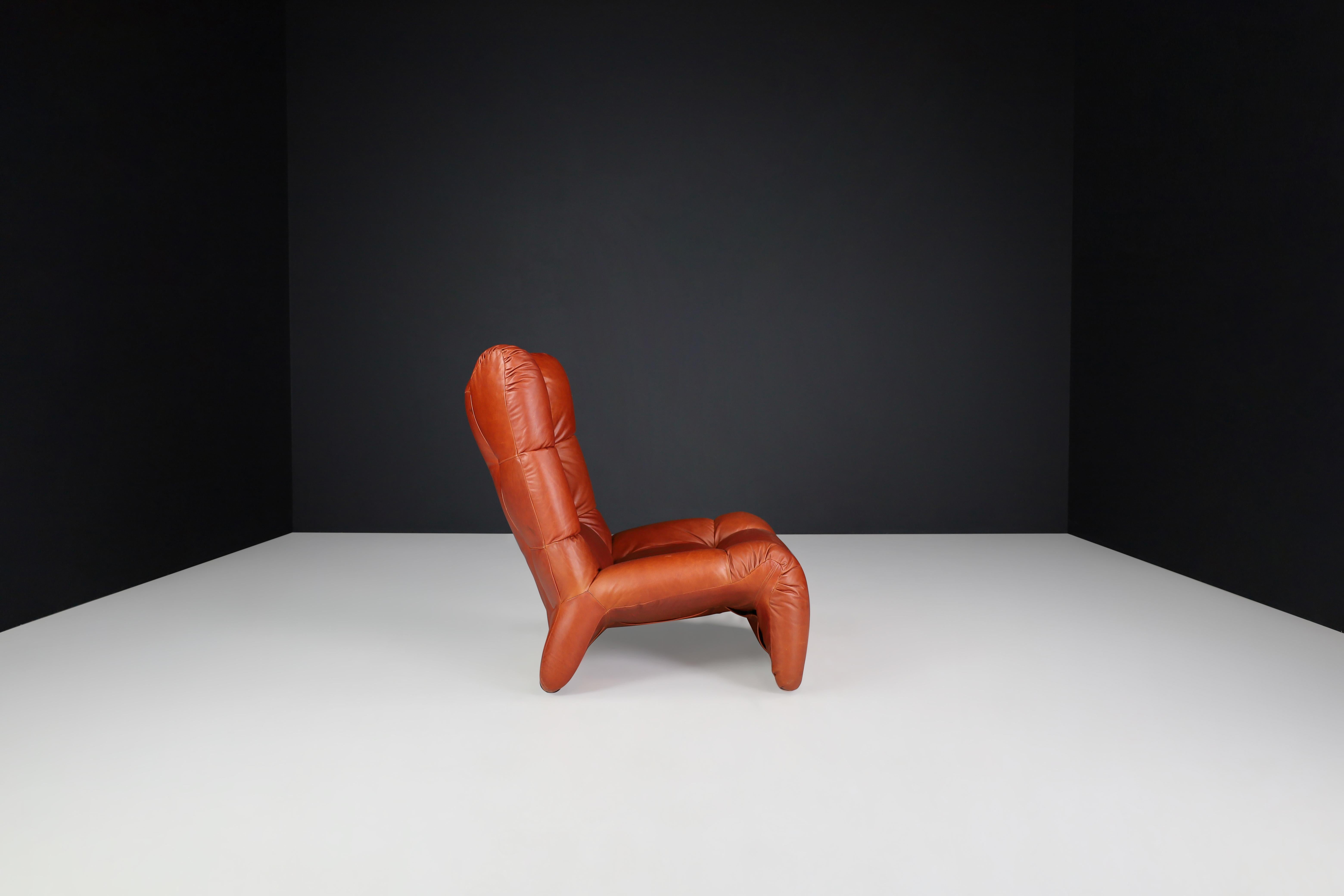 Metal Vintage Italian Cognac Leather Lounge Chair with Ottoman, 1970s For Sale