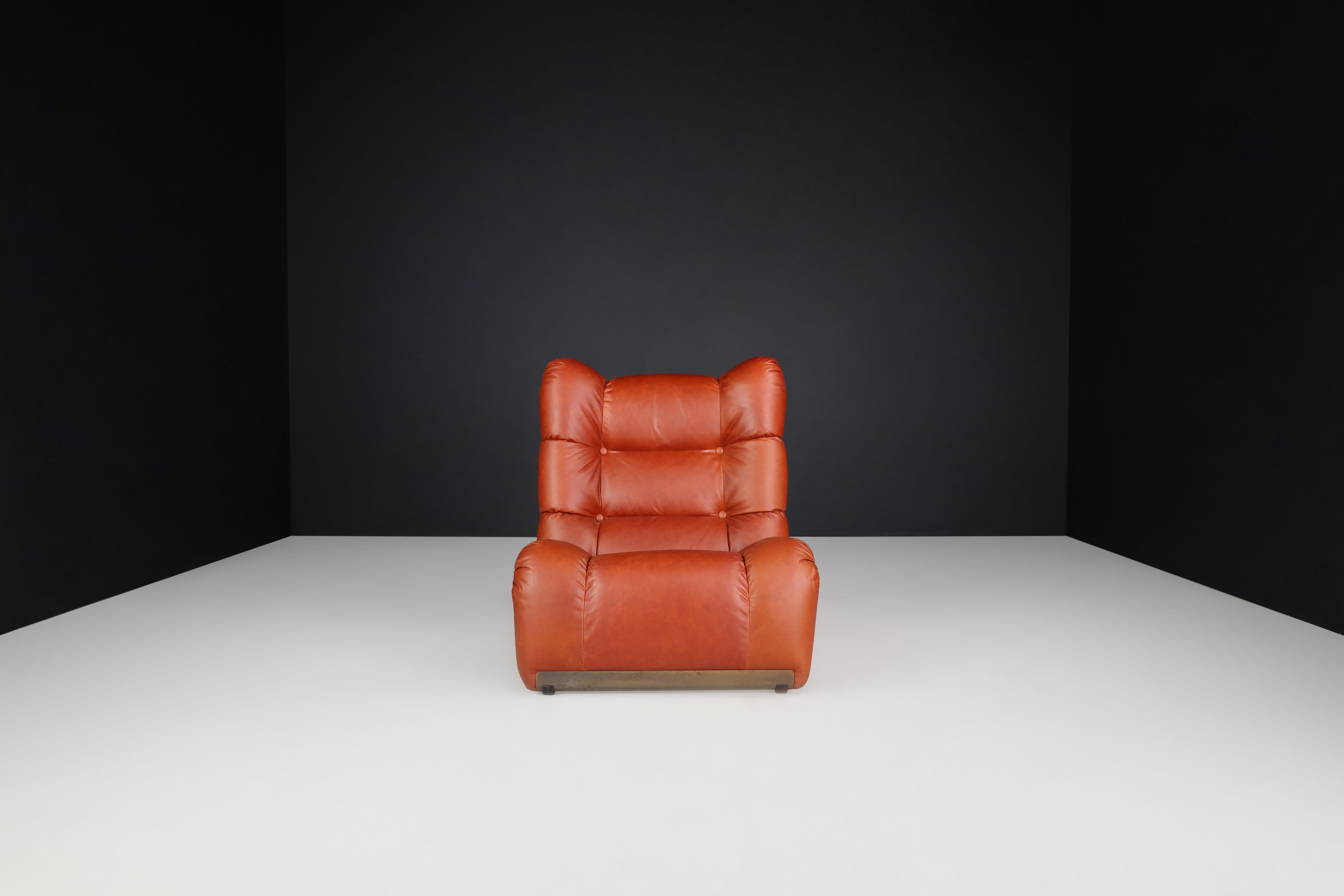 Vintage Italian Cognac Leather Lounge Chair with Ottoman, 1970s For Sale 1