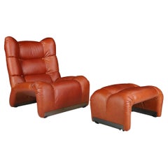 Vintage Italian Cognac Leather Lounge Chair with Ottoman, 1970s