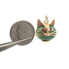 Vintage Italian Collectible 18k Gelbgold Grüner Stein & Rubin Katzenkopf Charme