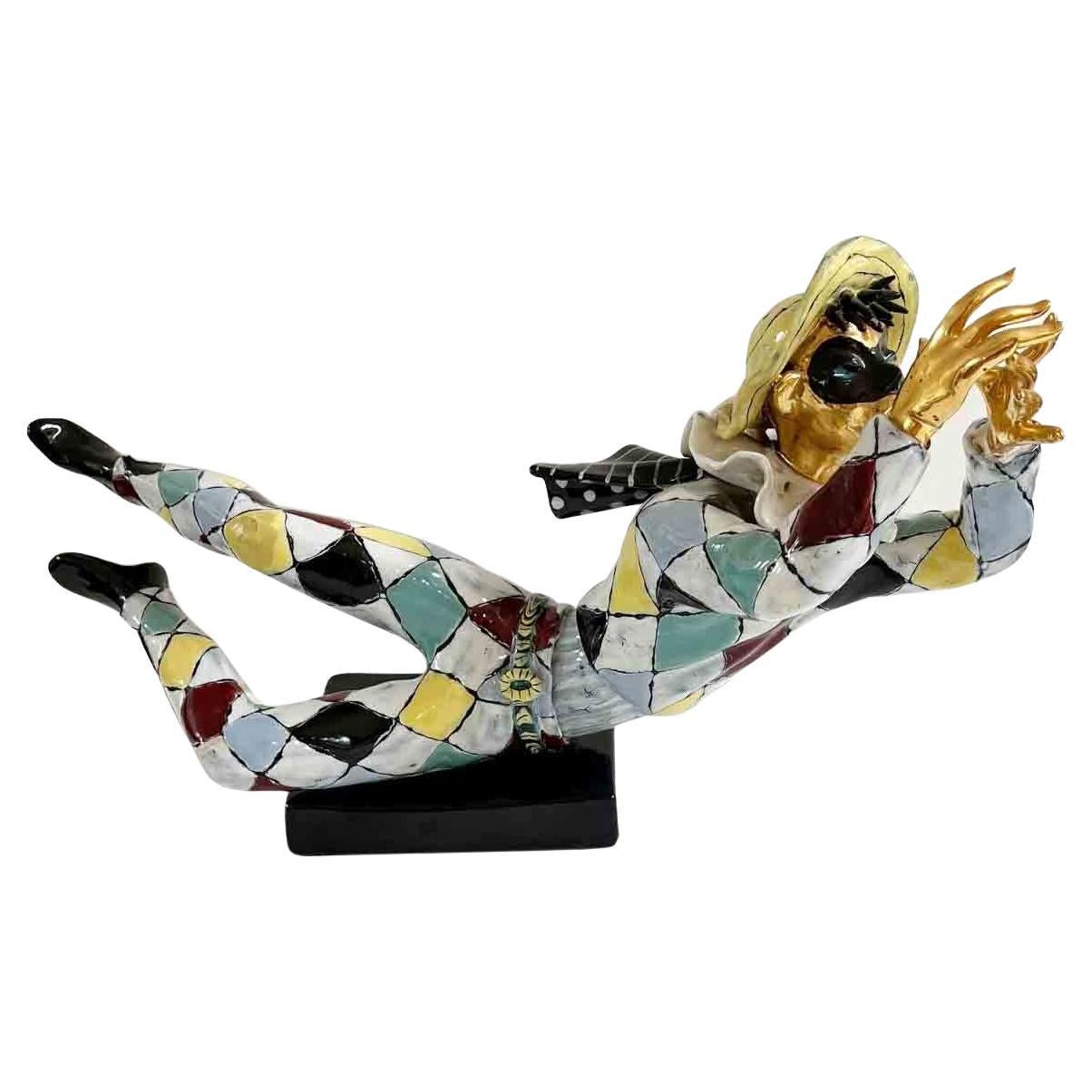 Figure arlequin en céramique colorée italienne d' Otello Rosa pour San Polo