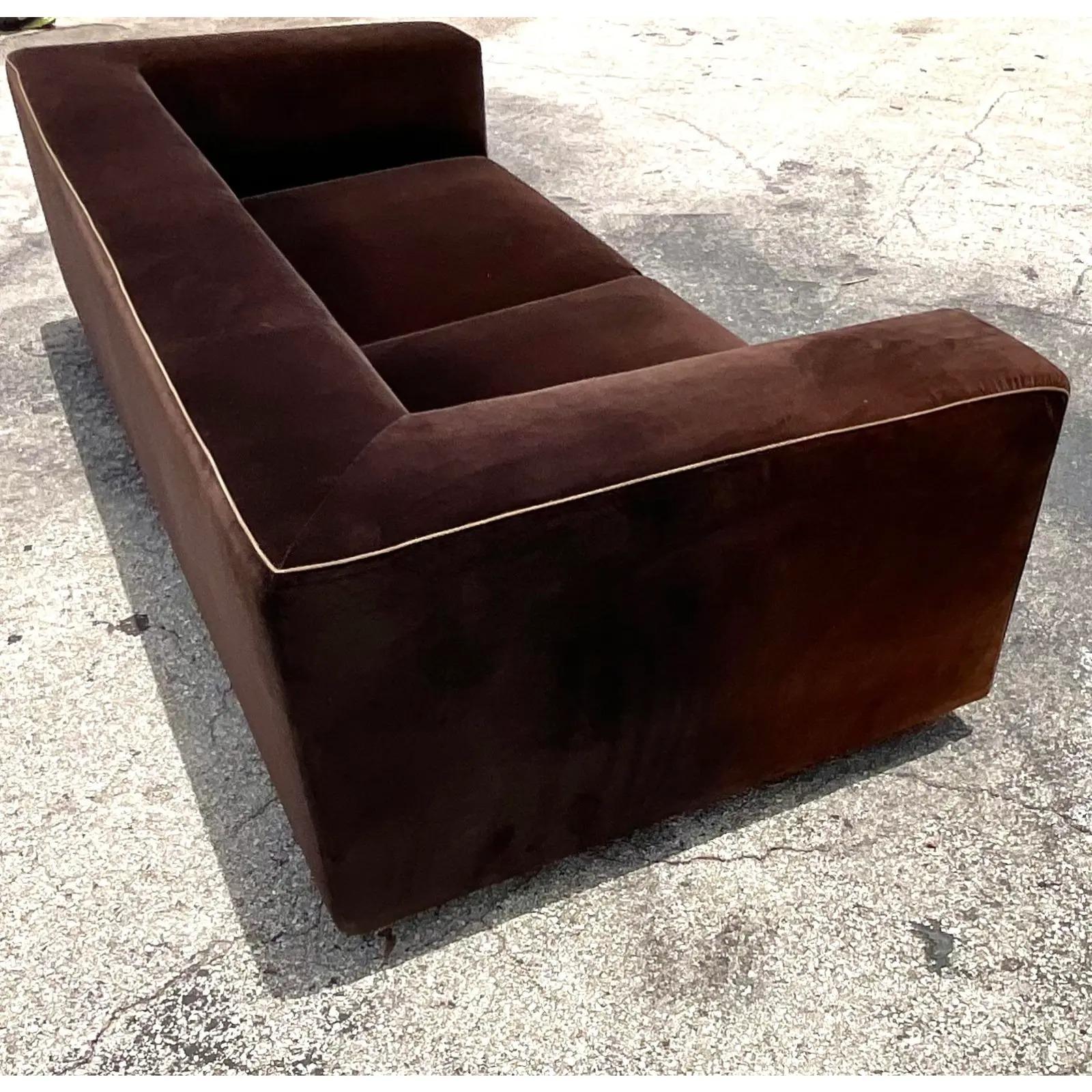 Fabulous vintage Italian Contemporary sofa. Made by the iconic Arketipo group. Beautiful brown velvet on a chic and sexy profile. Deep comfortable seats. Acquired from a Palm Beach estate.