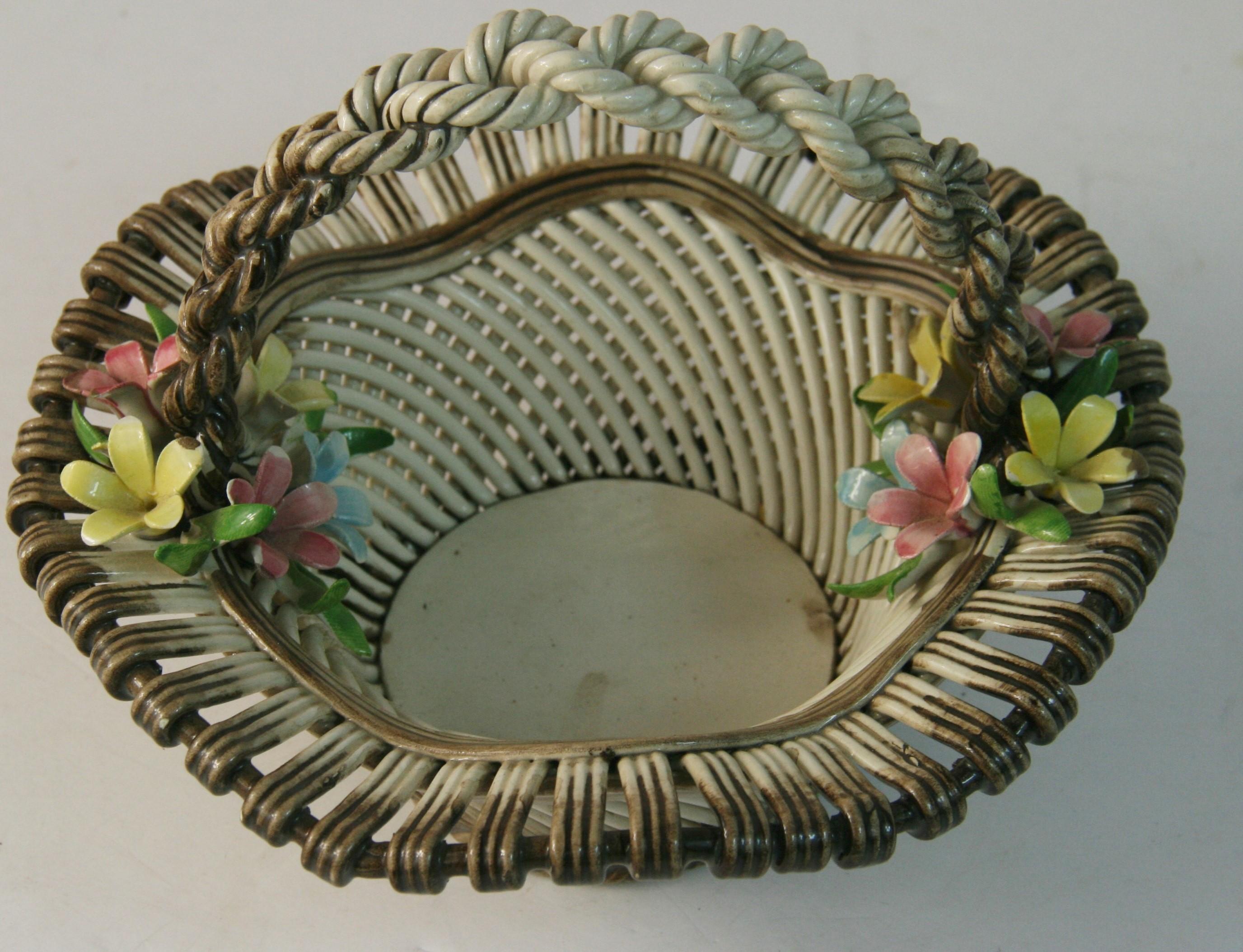 1843 Italian CapoDiMonte hand made and painted porcelain braided basket with flowers
