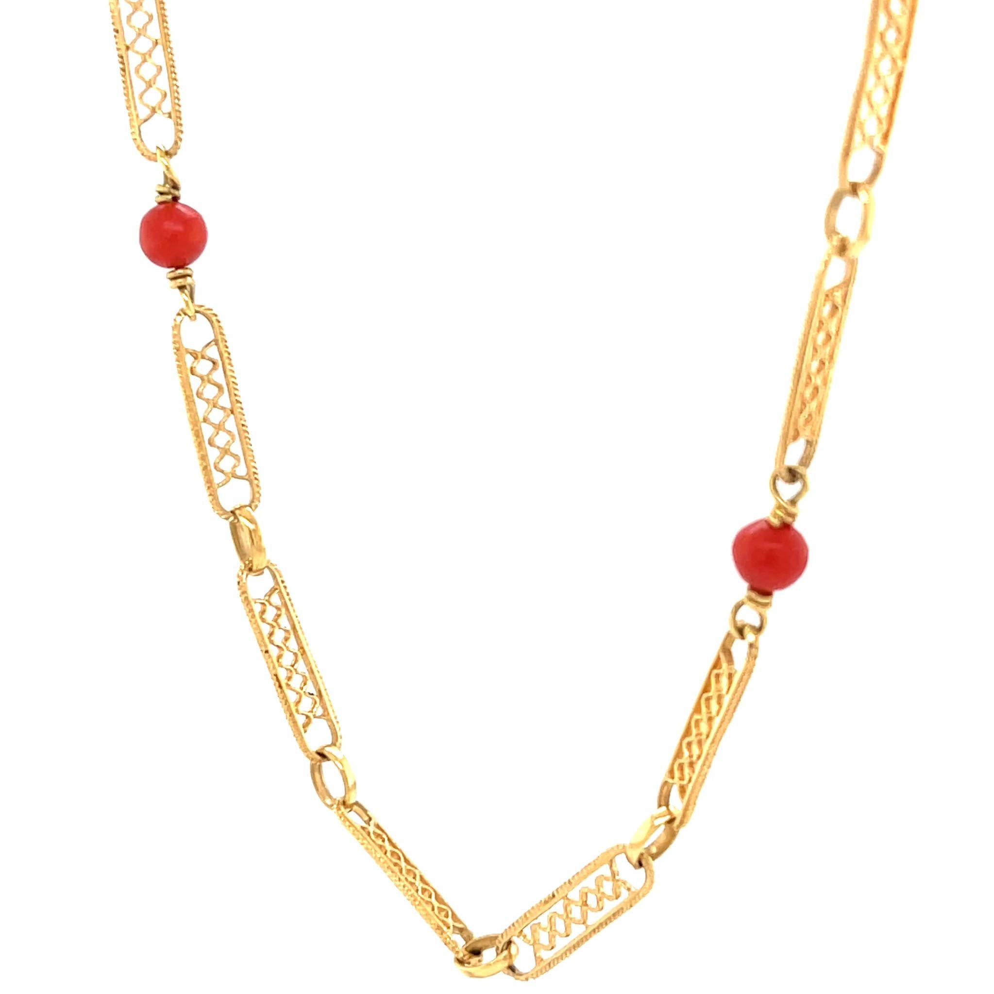 Vintage Italian Coral 18 Karat Gold Fancy Link Necklace In Excellent Condition In Beverly Hills, CA