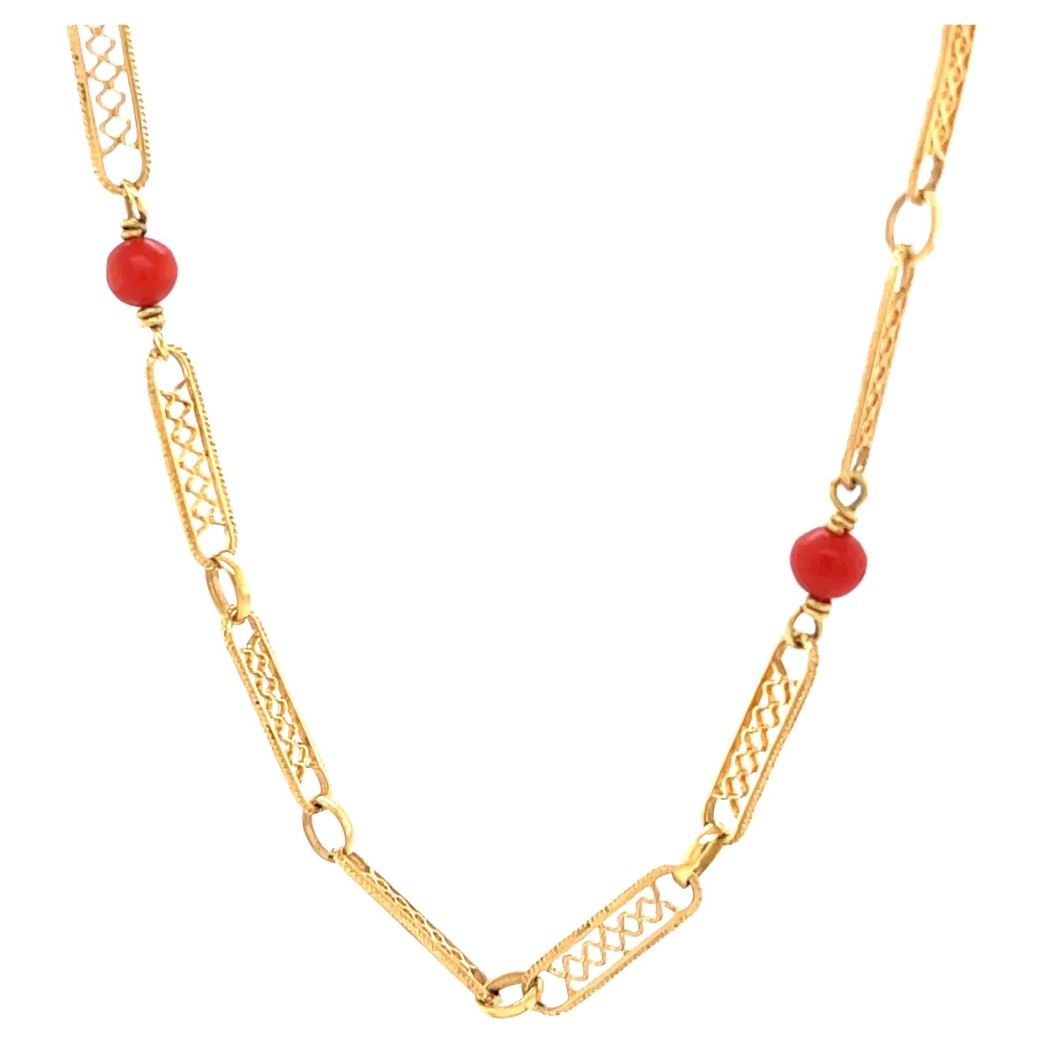 Vintage Italian Coral 18 Karat Gold Fancy Link Necklace