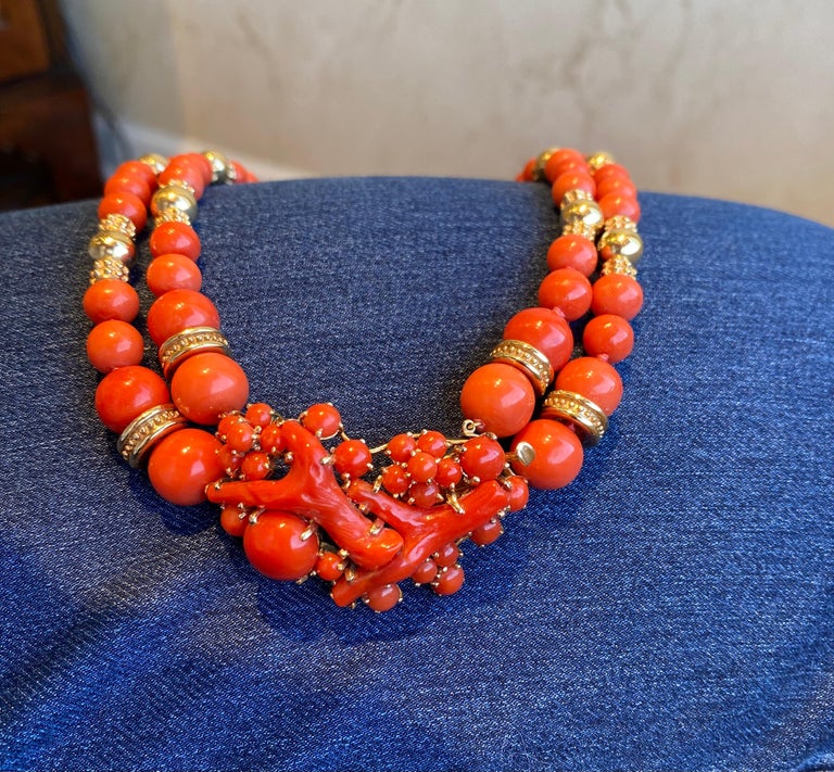 Vintage Italian Coral Bead Necklace with Gold Accents For Sale at 1stDibs