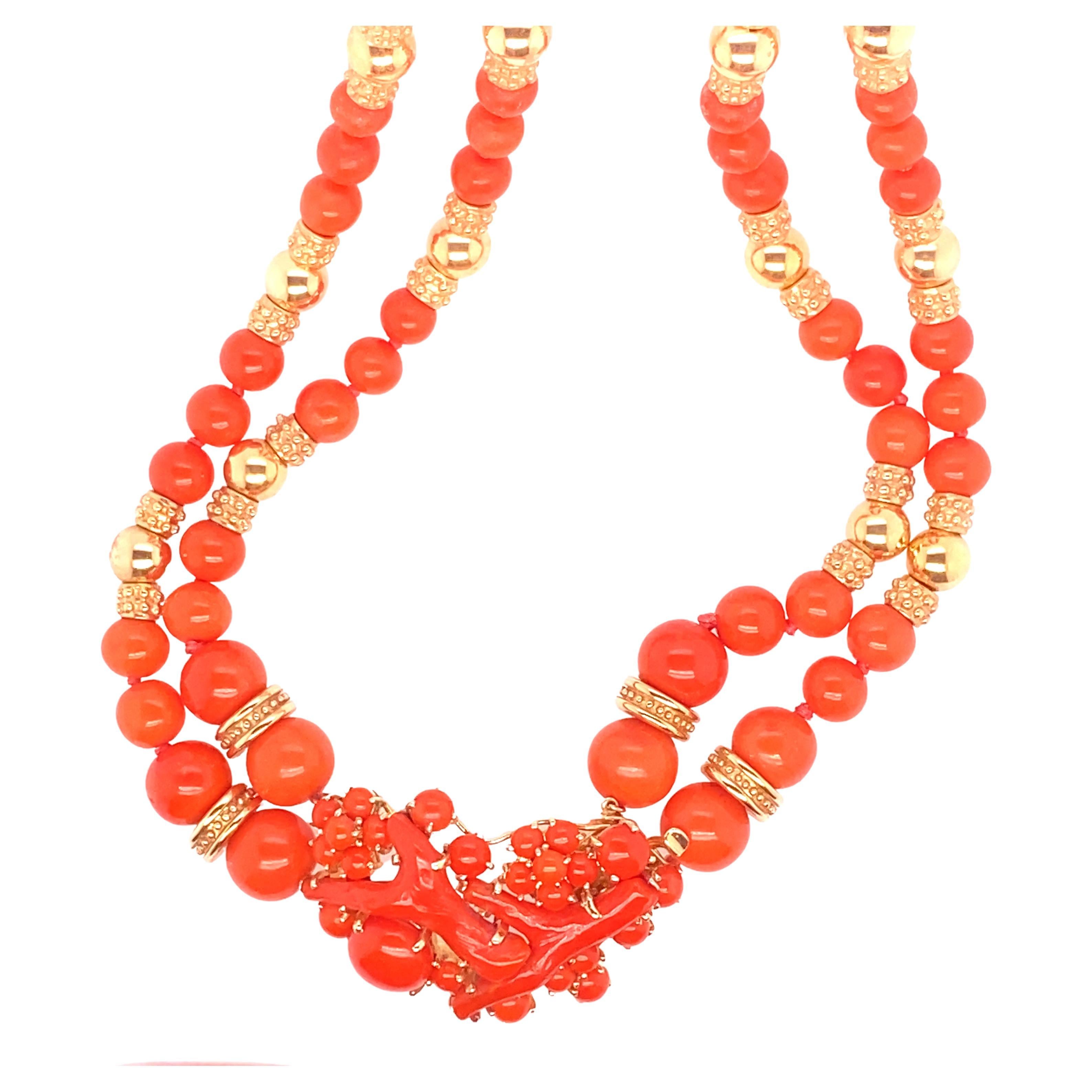 Vintage Italian Coral Bead Necklace with Gold Accents For Sale