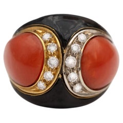 Vintage Italian Coral Diamond Black Enamel Two-Tone 18K Gold Bombé Cocktail Ring